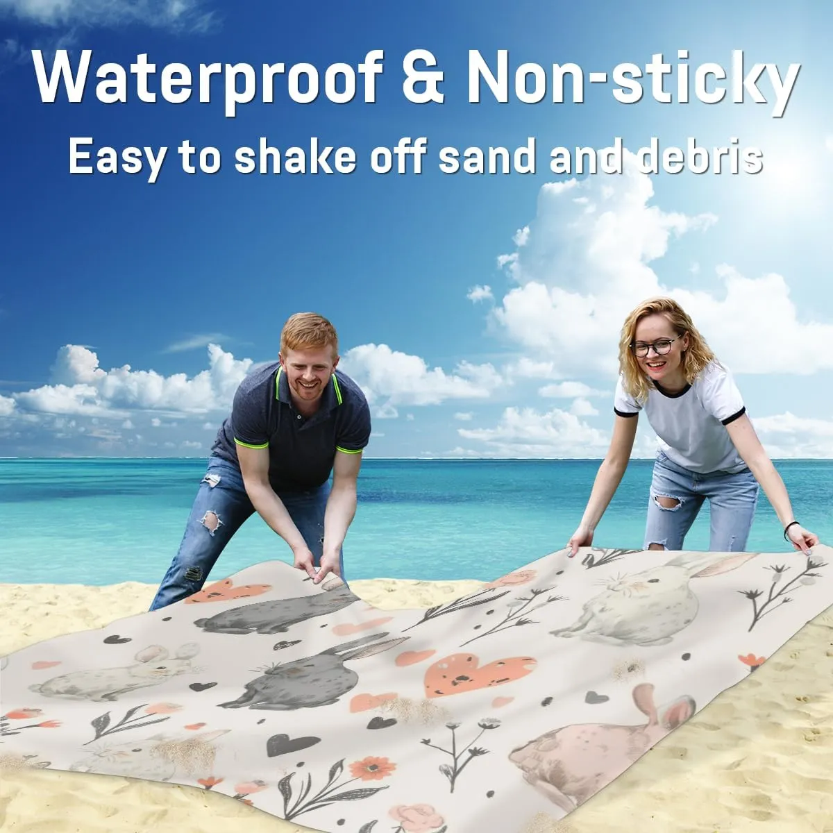 Happy Easter Beach Blanket, Sandproof Beach Mat, Adults Waterproof Quick Drying Sand Free Mat with 4 x Ground Spikes for Outdoor Travel Camping Hiking, Easter Cute Bunny Rabbit