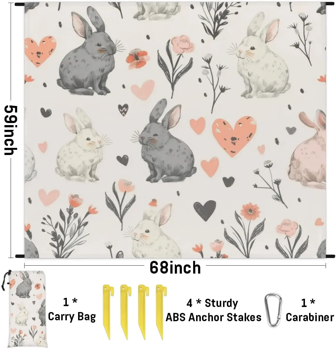 Happy Easter Beach Blanket, Sandproof Beach Mat, Adults Waterproof Quick Drying Sand Free Mat with 4 x Ground Spikes for Outdoor Travel Camping Hiking, Easter Cute Bunny Rabbit