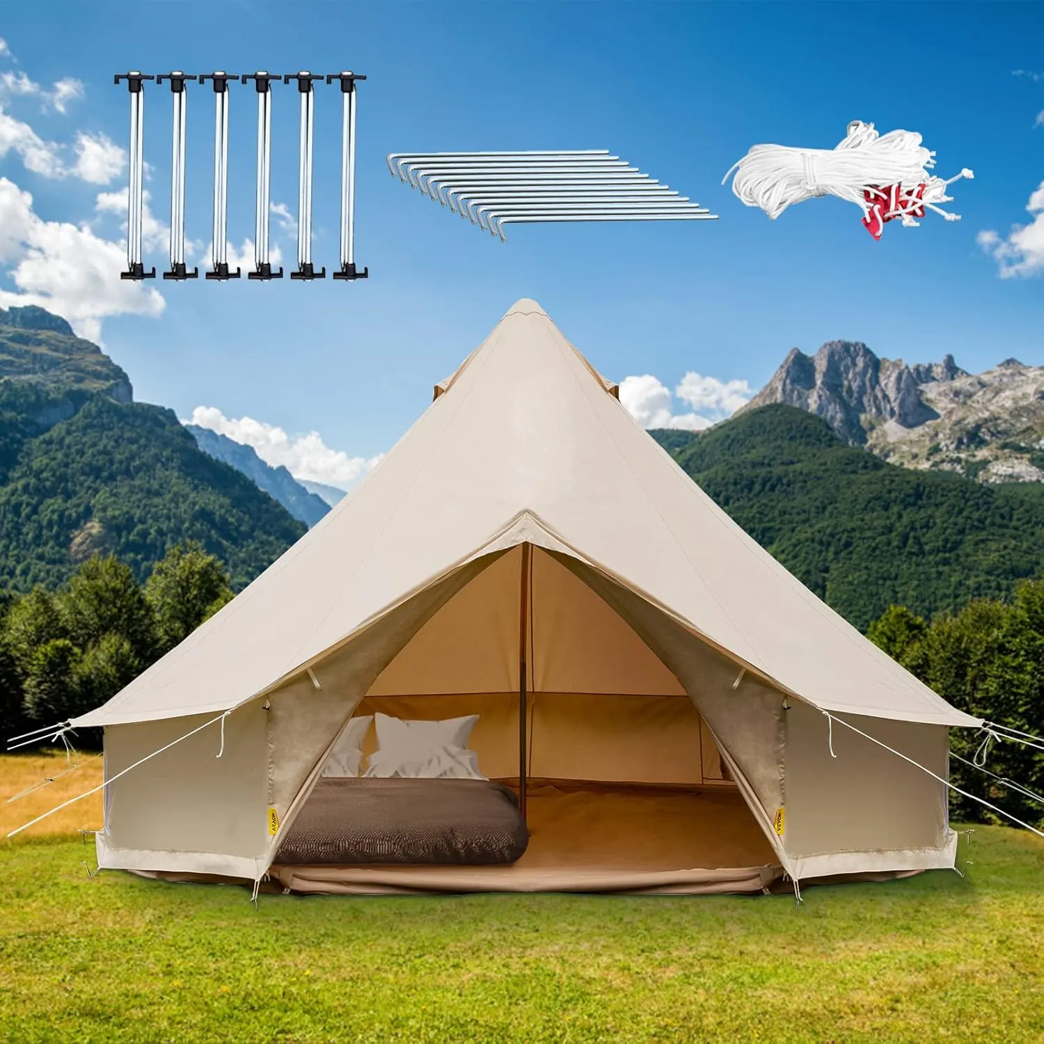 Happybuy Canvas Bell Tent - 4 Seasons Breathable 100% Cotton Canvas Yurt - w/Stove Jack, Luxury Glamping Tent Waterproof for Family Camping, Hunting, Party