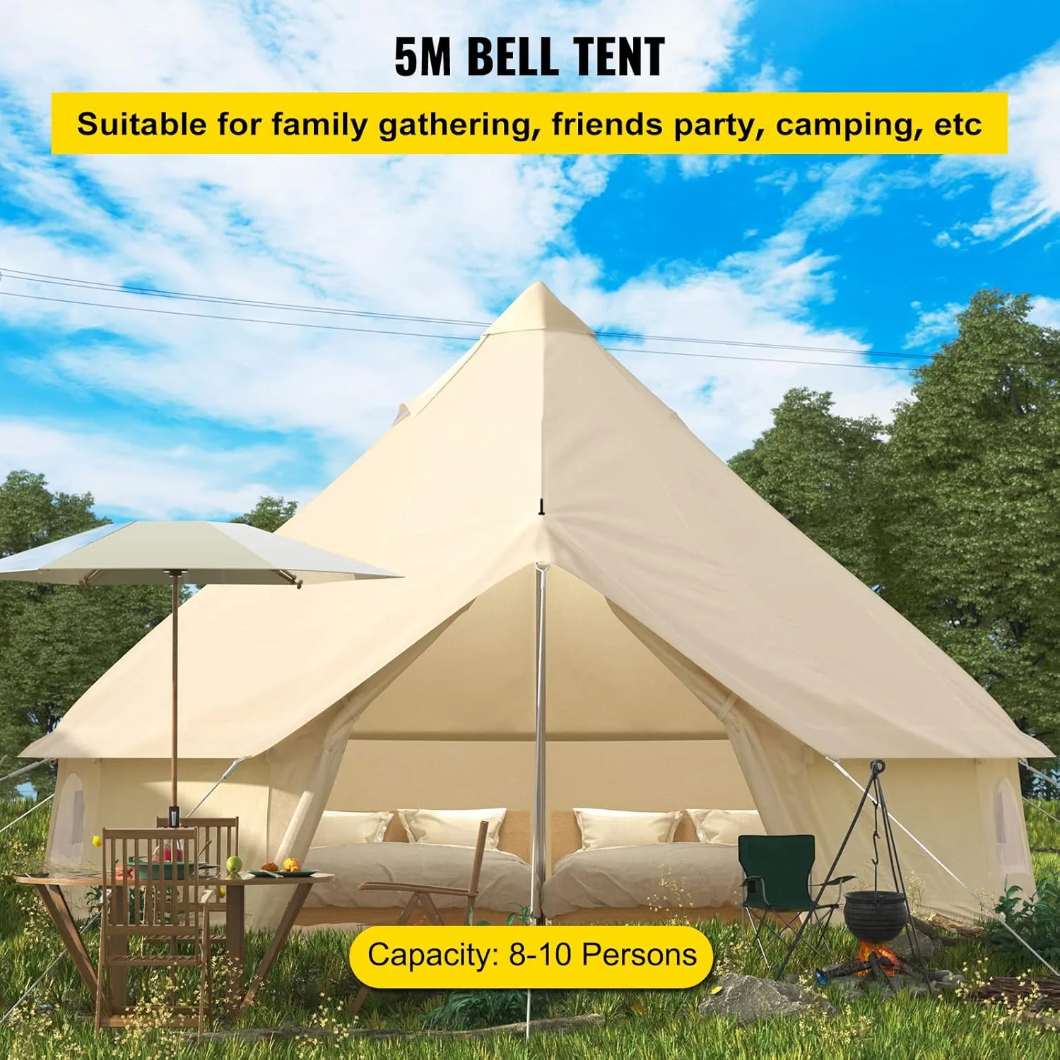 Happybuy Canvas Bell Tent - 4 Seasons Breathable 100% Cotton Canvas Yurt - w/Stove Jack, Luxury Glamping Tent Waterproof for Family Camping, Hunting, Party