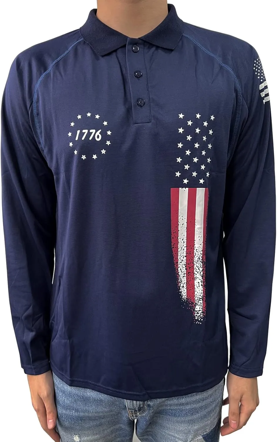 HARGLESMAN Mens American Flag Long Sleeve Polo Shirt
