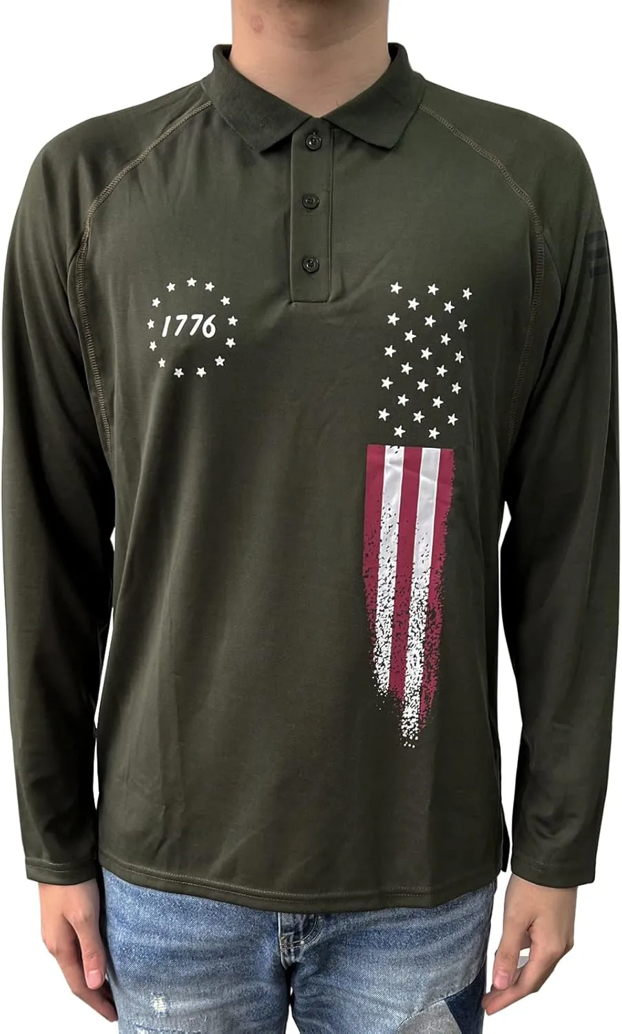HARGLESMAN Mens American Flag Long Sleeve Polo Shirt