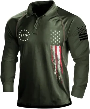 HARGLESMAN Mens American Flag Long Sleeve Polo Shirt
