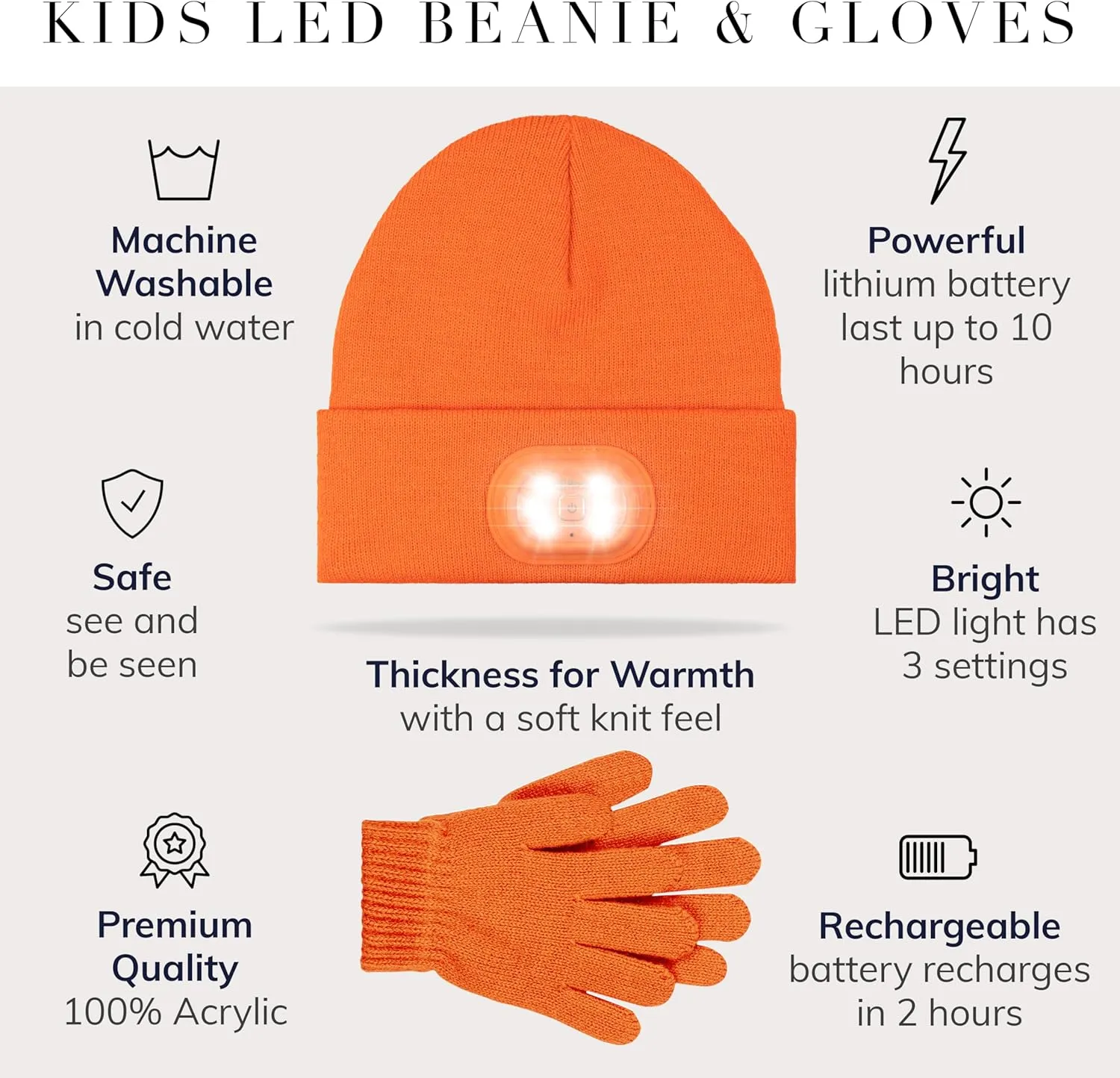 Headlightz by Roq Innovation - Kids Beanie with Light & Glove Set - Unisex LED Beanie Hat with Light Built in, Rechargeable
