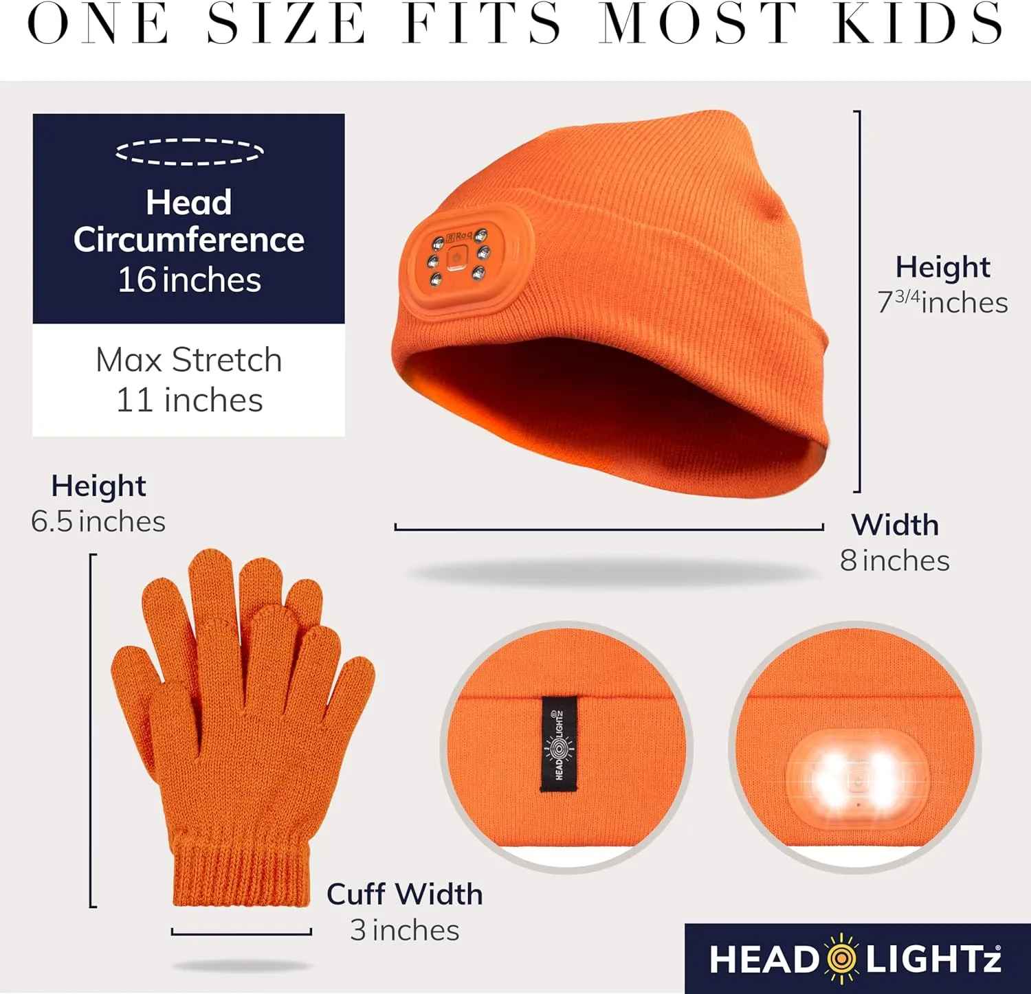 Headlightz by Roq Innovation - Kids Beanie with Light & Glove Set - Unisex LED Beanie Hat with Light Built in, Rechargeable