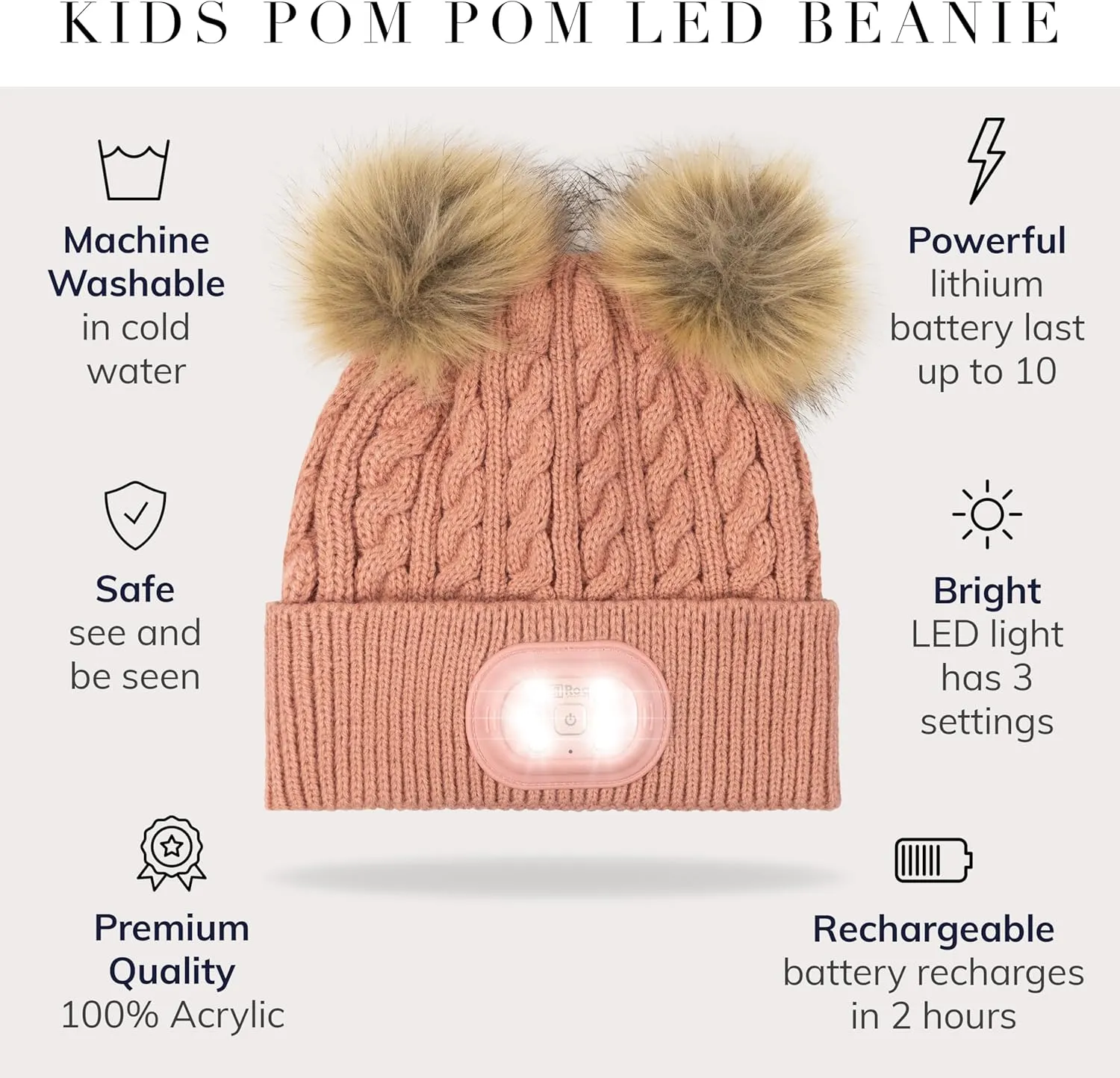 Headlightz by Roq Innovation - POM POM Beanie with Light, Unisex LED Beanie Hat with Light Built in, Rechargeable
