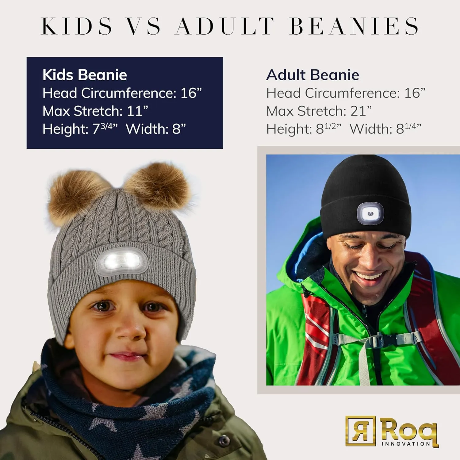 Headlightz by Roq Innovation - POM POM Beanie with Light, Unisex LED Beanie Hat with Light Built in, Rechargeable