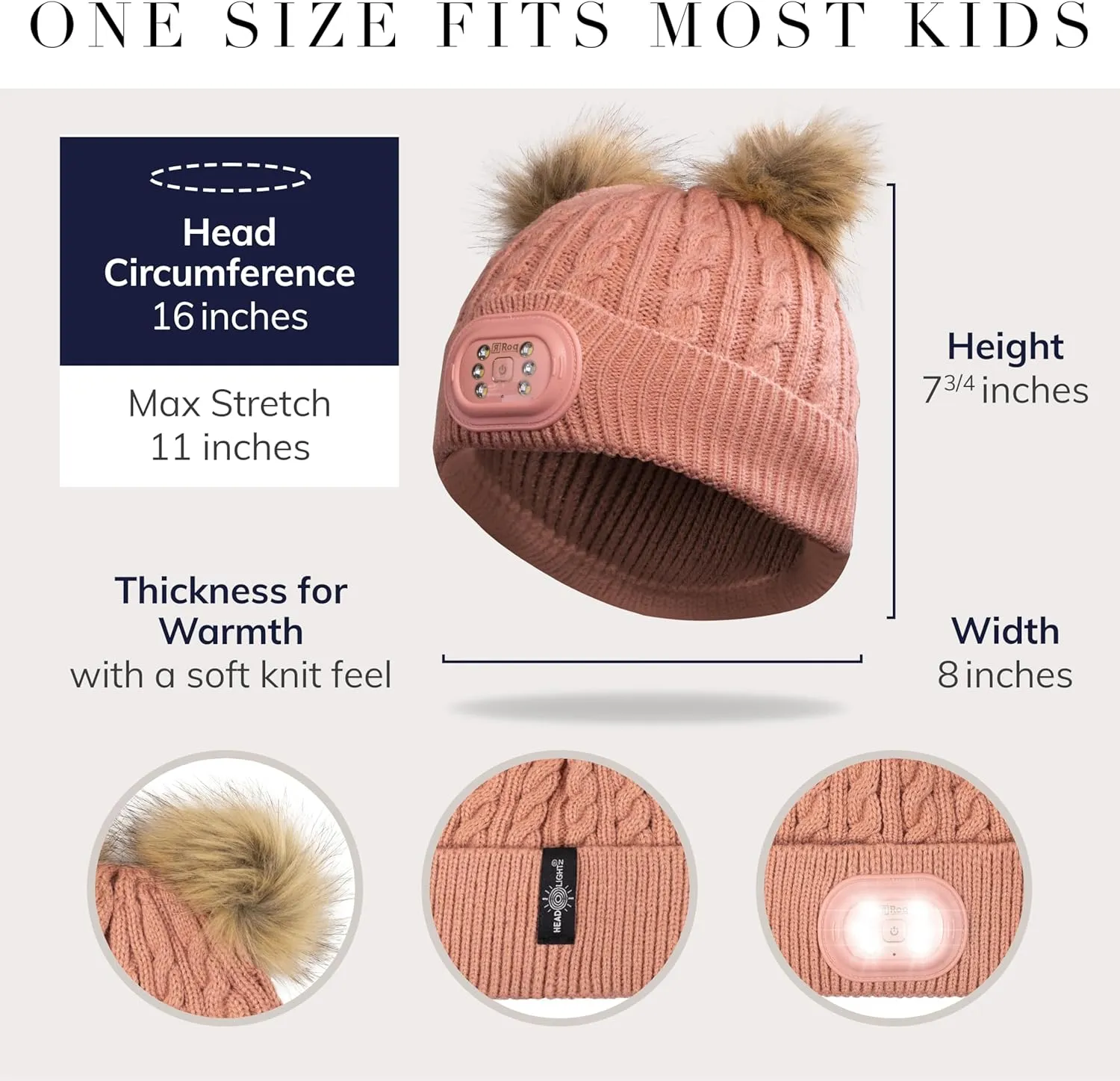 Headlightz by Roq Innovation - POM POM Beanie with Light, Unisex LED Beanie Hat with Light Built in, Rechargeable