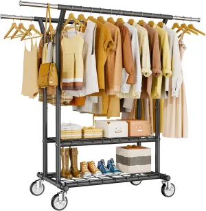 Heavy Duty Clothes Rack, Rolling Clothing Rack With Shelves Load 620 LBS, Double Rod Clothing Racks for Hanging Clothes, Portable& Adjustable Clothes Rack with Wheels,Black
