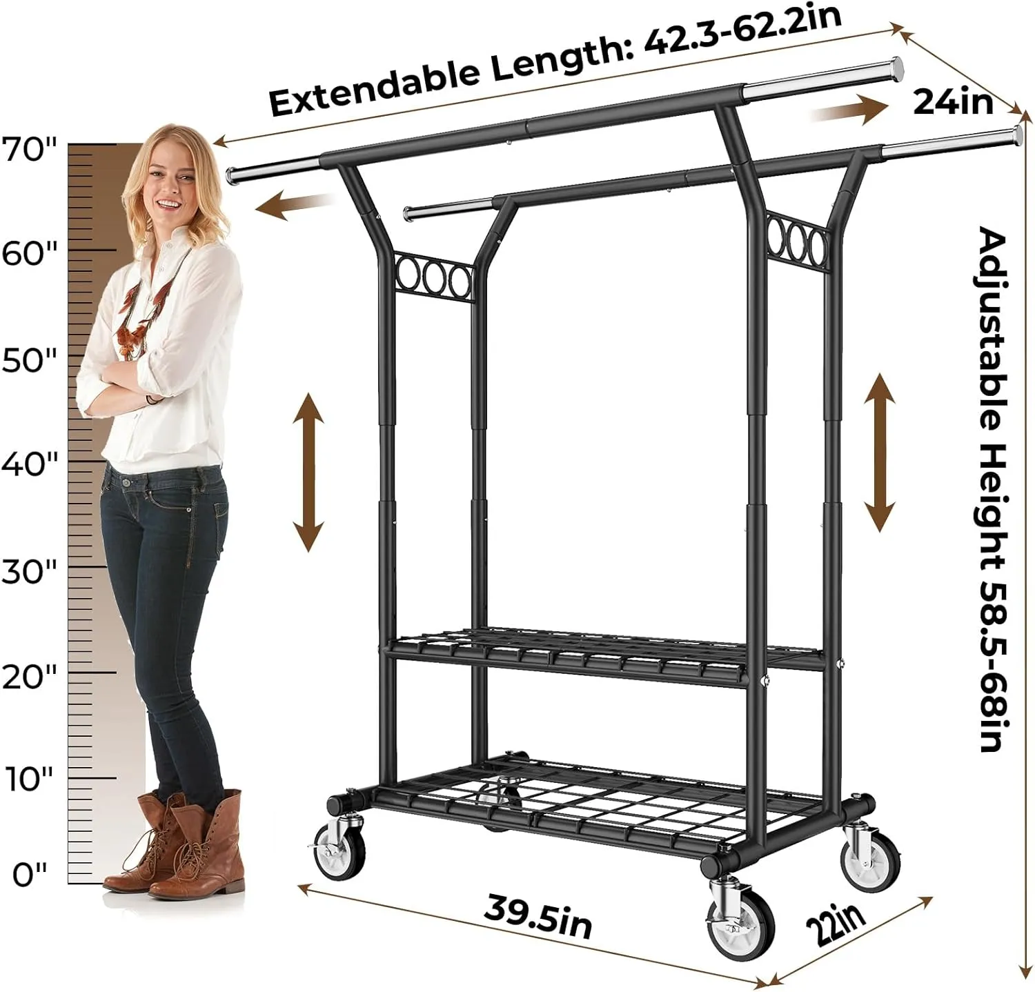 Heavy Duty Clothes Rack, Rolling Clothing Rack With Shelves Load 620 LBS, Double Rod Clothing Racks for Hanging Clothes, Portable& Adjustable Clothes Rack with Wheels,Black
