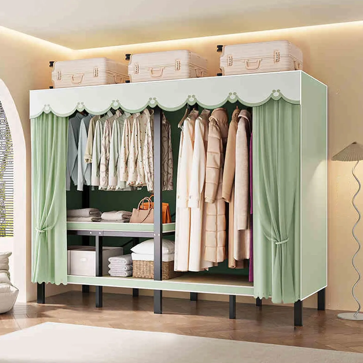 Heavy Duty Metal Clothing Rack with Cover Foldable Covered Clothes Rack with 2 Hanging Rods Freestanding Portable Tall Wardrobe Closets Load 1200Ibs (215CM/84.6IN(Pine green))