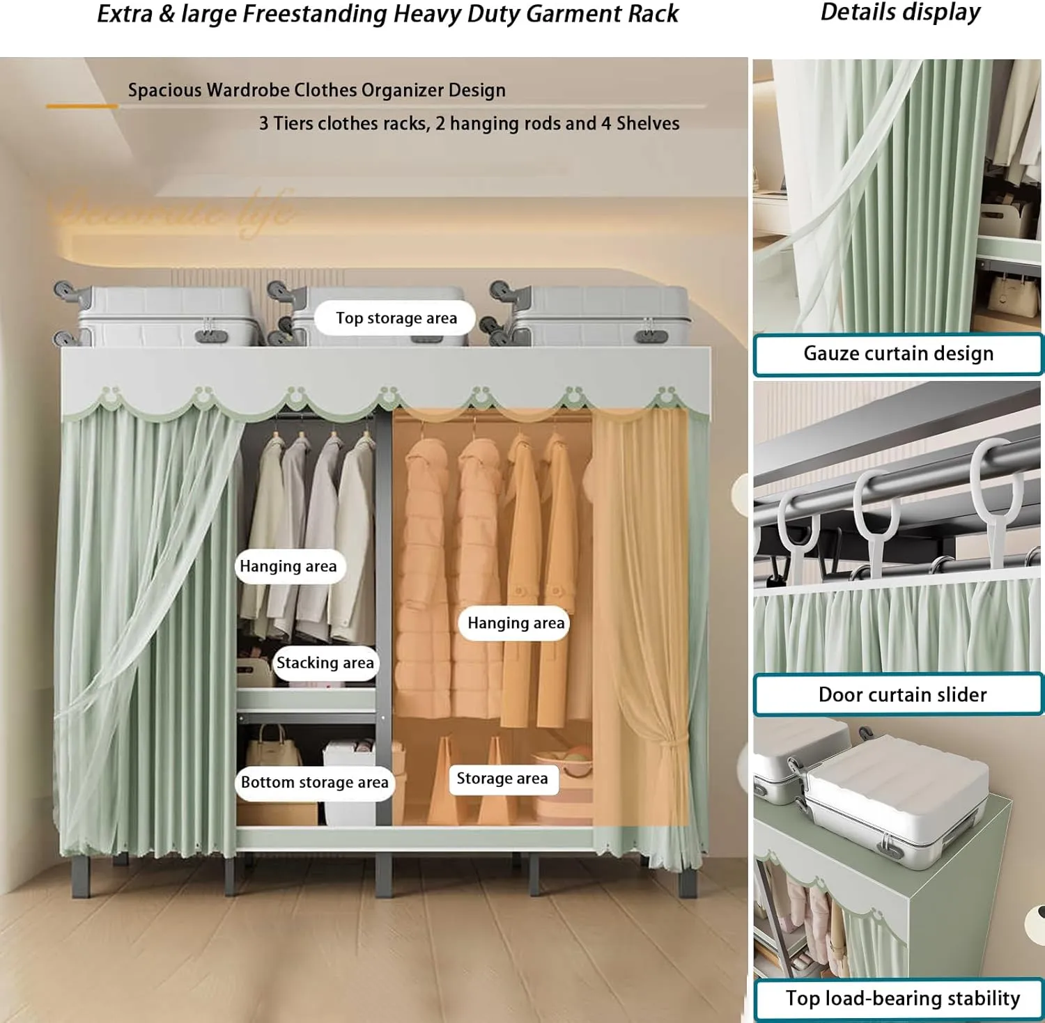 Heavy Duty Metal Clothing Rack with Cover Foldable Covered Clothes Rack with 2 Hanging Rods Freestanding Portable Tall Wardrobe Closets Load 1200Ibs (215CM/84.6IN(Pine green))