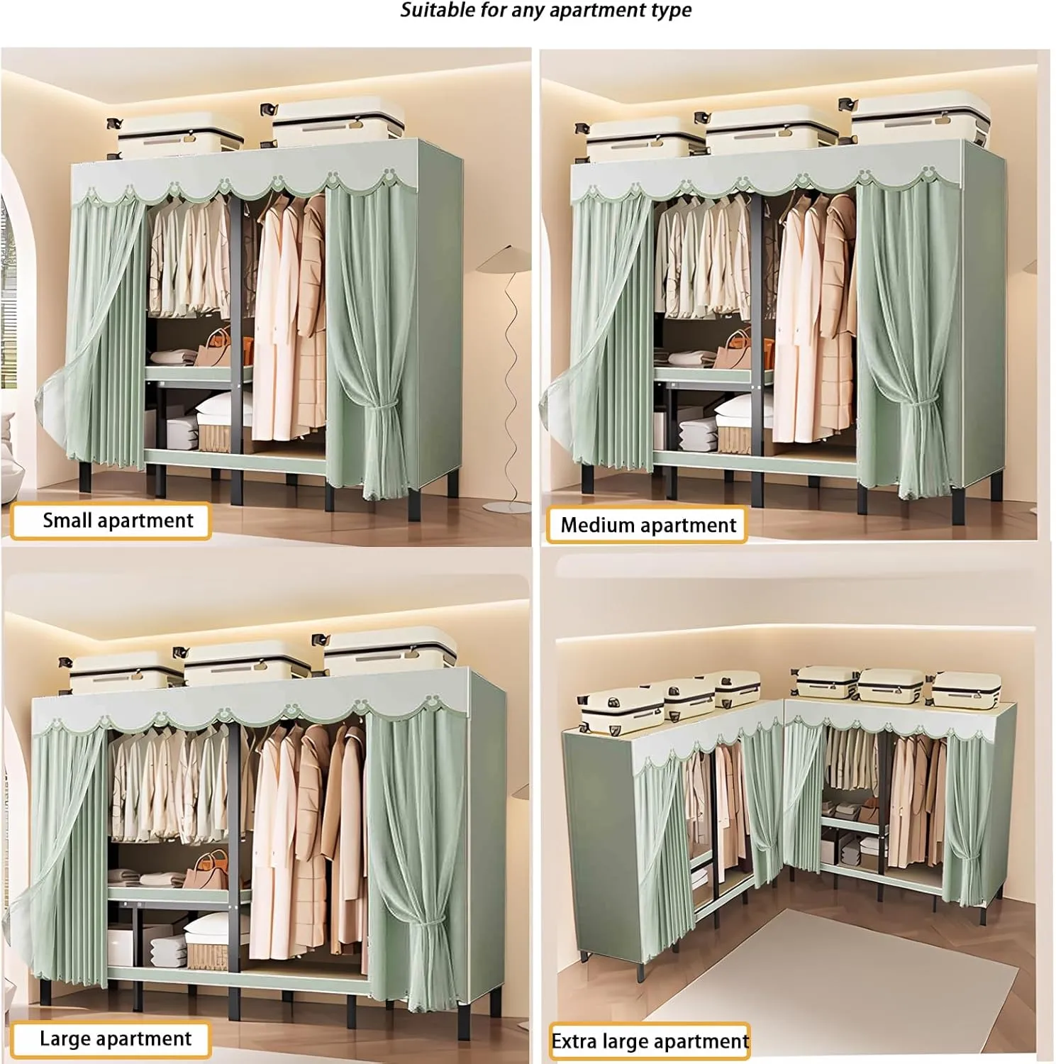 Heavy Duty Metal Clothing Rack with Cover Foldable Covered Clothes Rack with 2 Hanging Rods Freestanding Portable Tall Wardrobe Closets Load 1200Ibs (215CM/84.6IN(Pine green))