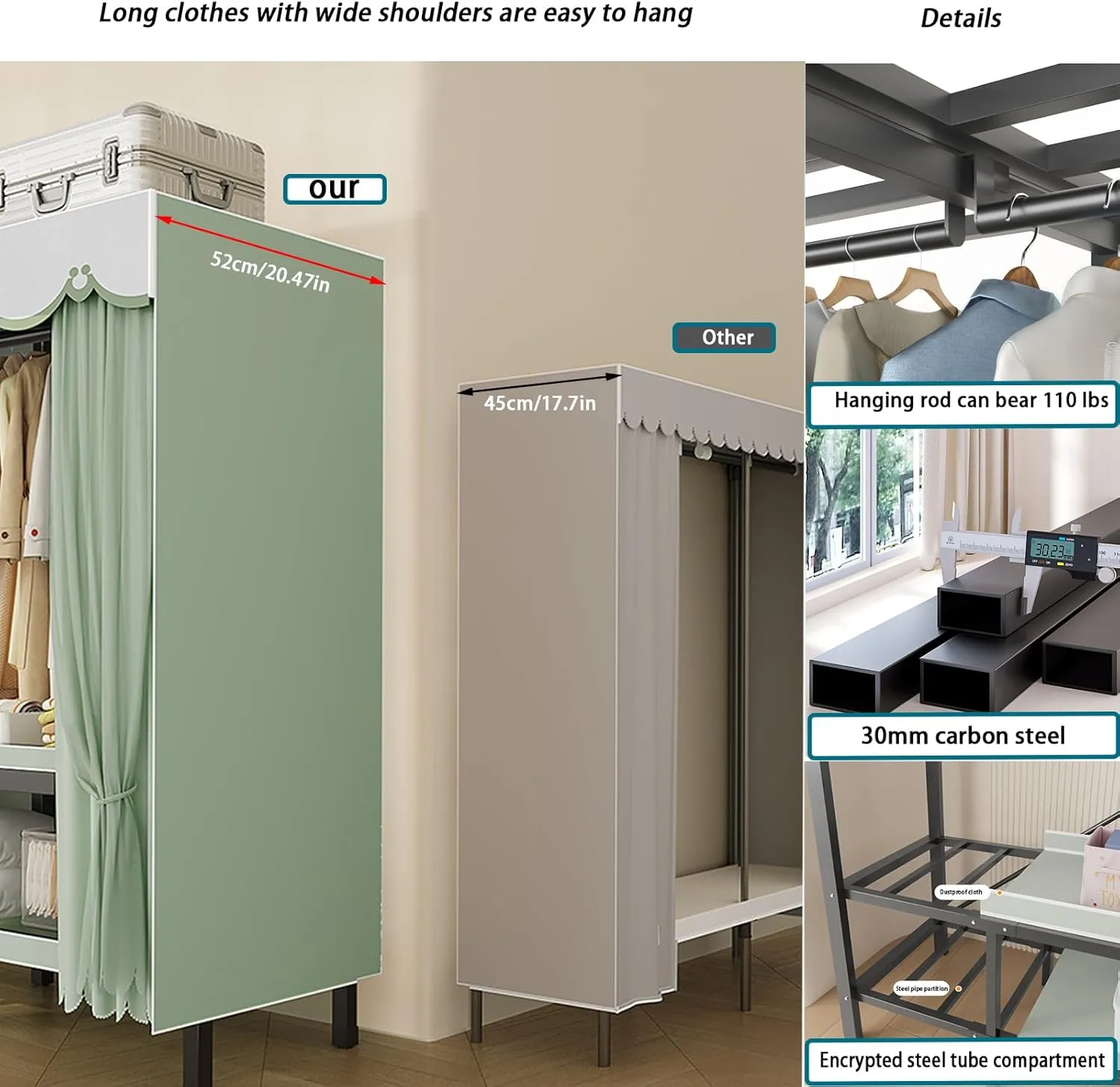 Heavy Duty Metal Clothing Rack with Cover Foldable Covered Clothes Rack with 2 Hanging Rods Freestanding Portable Tall Wardrobe Closets Load 1200Ibs (215CM/84.6IN(Pine green))