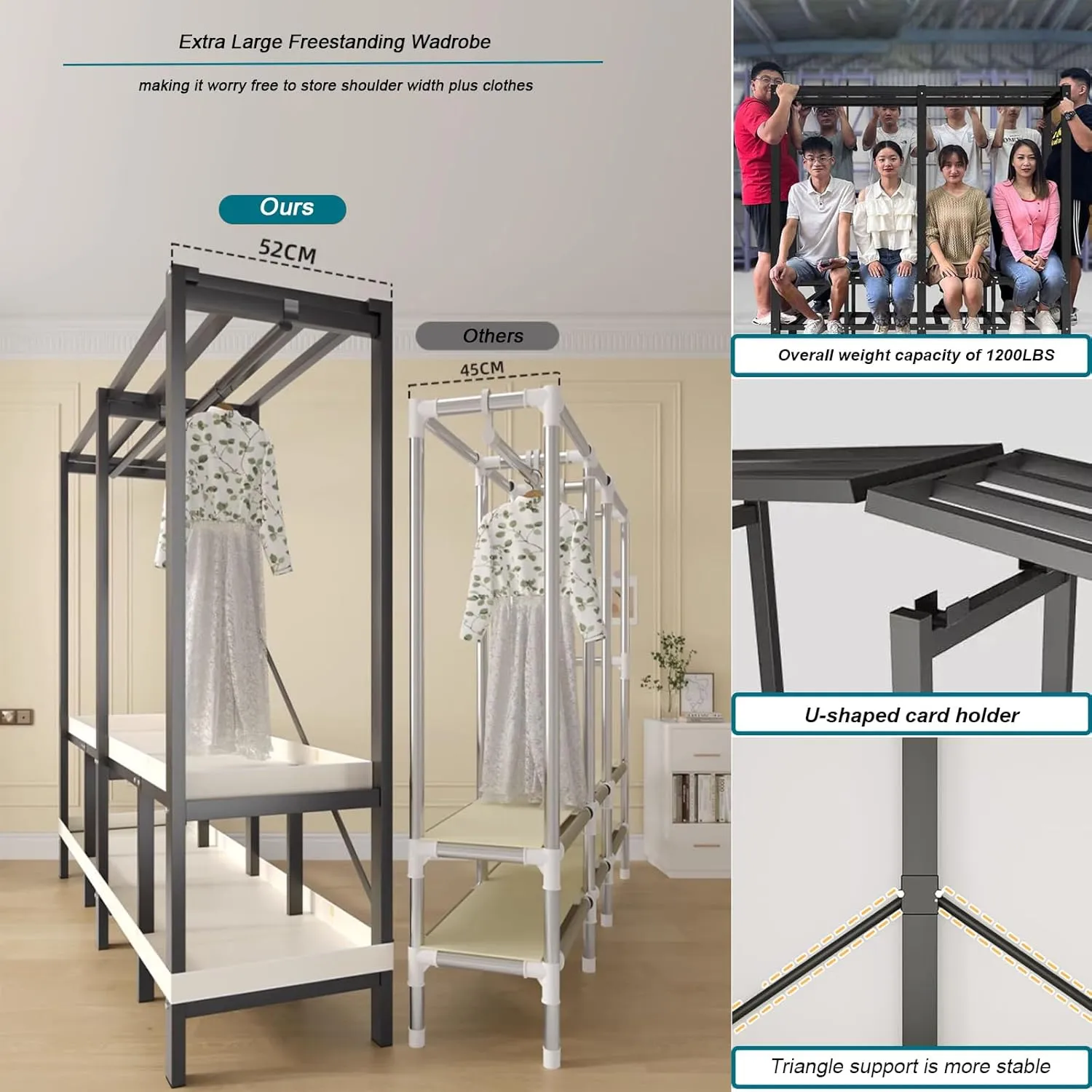 Heavy Duty Metal Clothing Rack with Cover Foldable Covered Clothes Rack with 2 Hanging Rods Freestanding Portable Wardrobe Closets Garment Rack (125cm/49.2in)