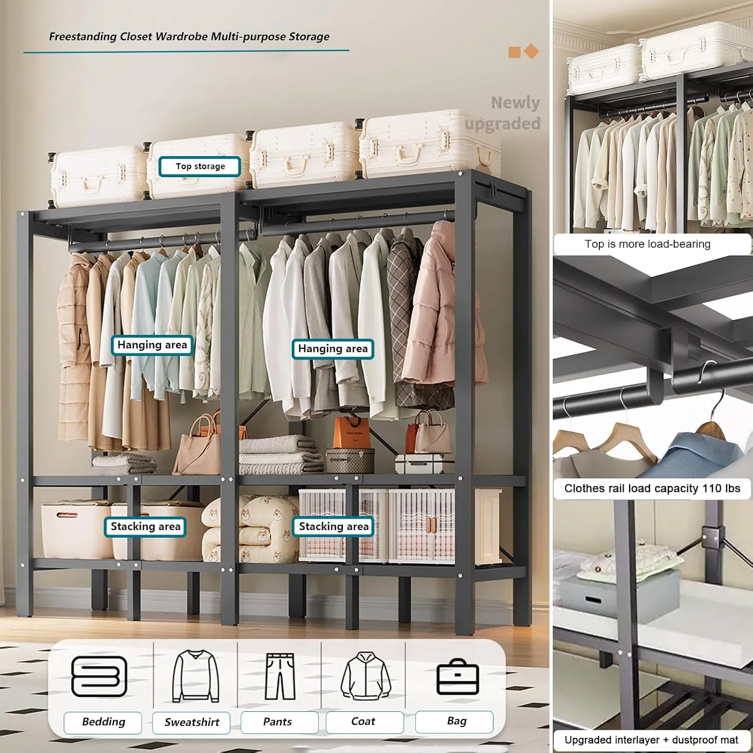 Heavy Duty Metal Clothing Rack with Cover Foldable Covered Clothes Rack with 2 Hanging Rods Freestanding Portable Wardrobe Closets Garment Rack (125cm/49.2in)