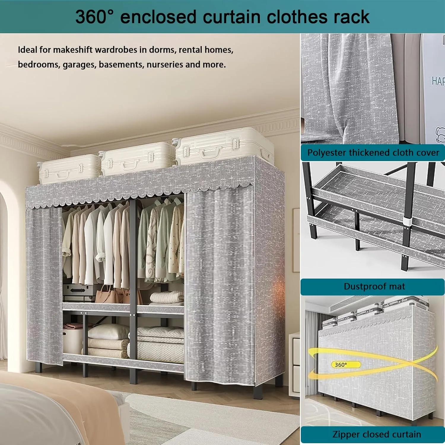Heavy Duty Metal Clothing Rack with Cover Foldable Covered Clothes Rack with 2 Hanging Rods Freestanding Portable Wardrobe Closets Garment Rack (125cm/49.2in)