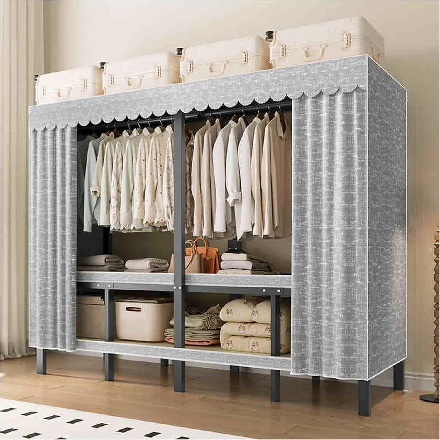 Heavy Duty Metal Clothing Rack with Cover Foldable Covered Clothes Rack with 2 Hanging Rods Freestanding Portable Wardrobe Closets Garment Rack (125cm/49.2in)