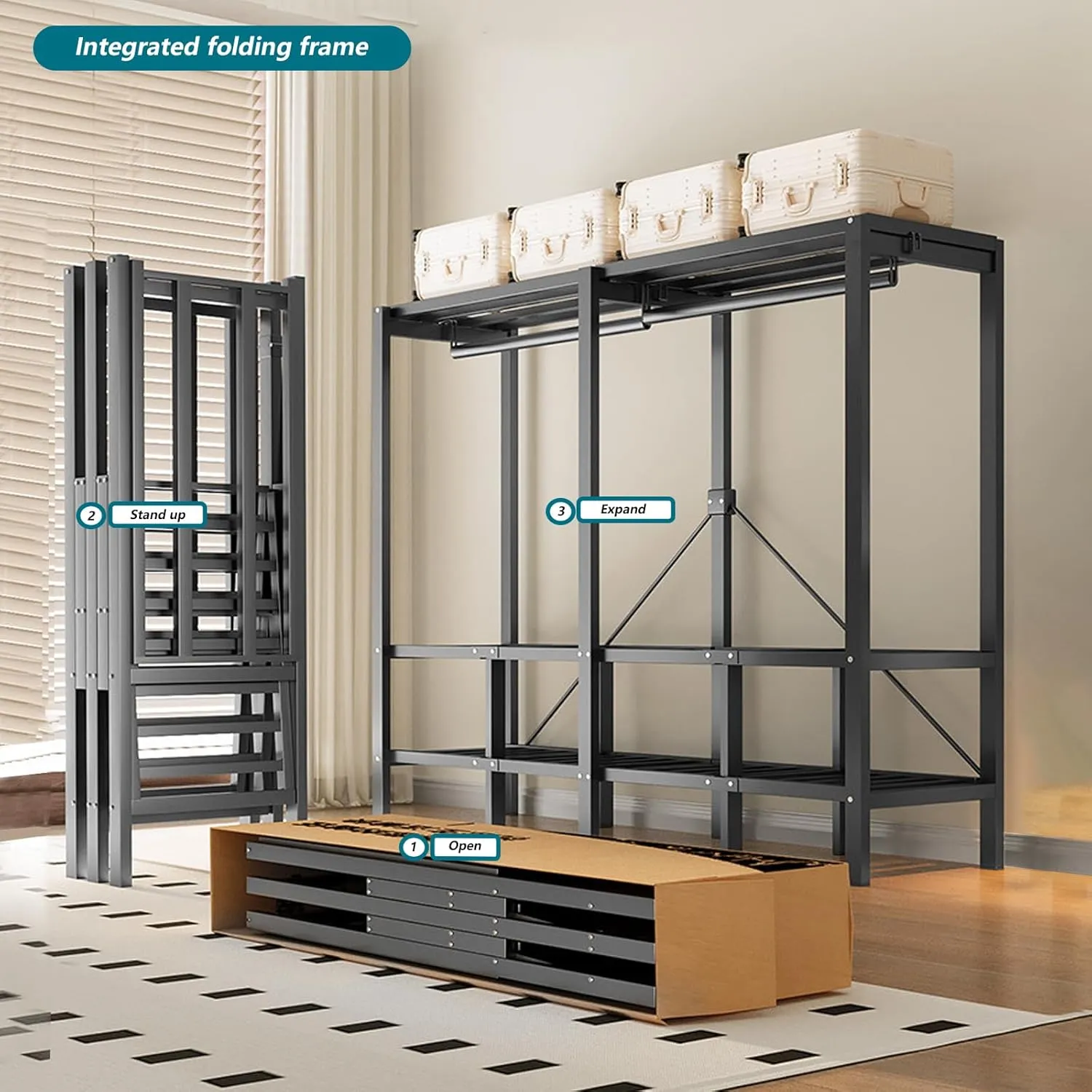 Heavy Duty Metal Clothing Rack with Cover Foldable Covered Clothes Rack with 2 Hanging Rods Freestanding Portable Wardrobe Closets Garment Rack (125cm/49.2in)