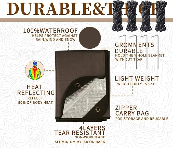 Heavy Duty Survival Blanket -Multifunctional Reflective Tarp Thermal Blanket - 60" x 83" Waterproof Sandproof for Camping Hiking Outdoors Multifunctional Emergency Blanket