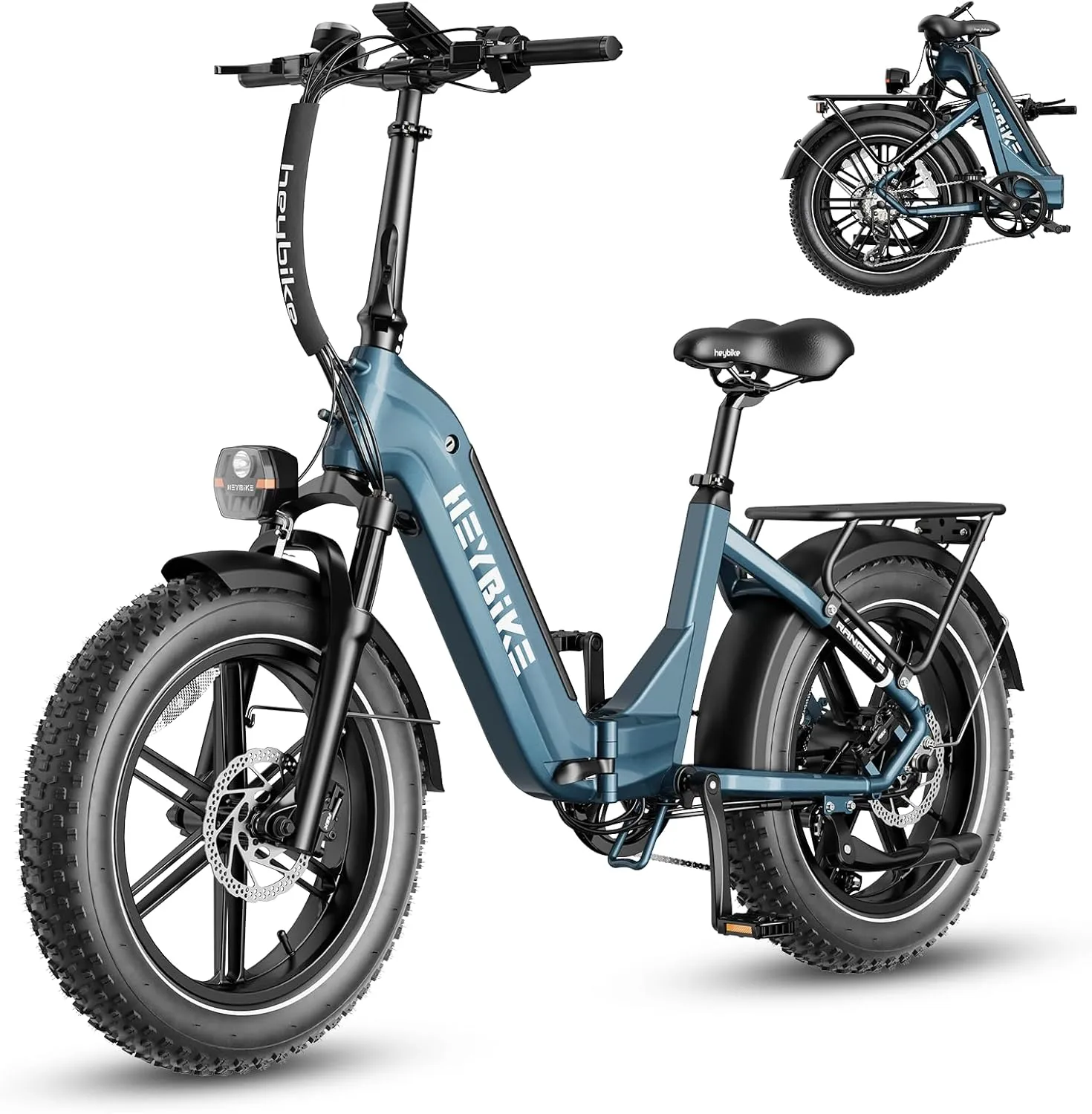 Heybike Ranger S Electric Bike for Adults, Foldable 1400W Peak Motor Ebike, 20" x 4.0" Fat Tire Step-Thru Electric Bicycle, 48V 14.4AH Removable Battery Commuter E Bike, 7-Speed Hydraulic Fork