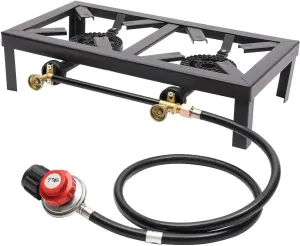 High Pressure Double Propane Burner - Portable Outdoor Gas Stove Propane Cooker with Adjustable 0-10Psi Regulator Hose for Camping, BBQ, Home Brewing, Turkey Fry, Maple Syrup Prep