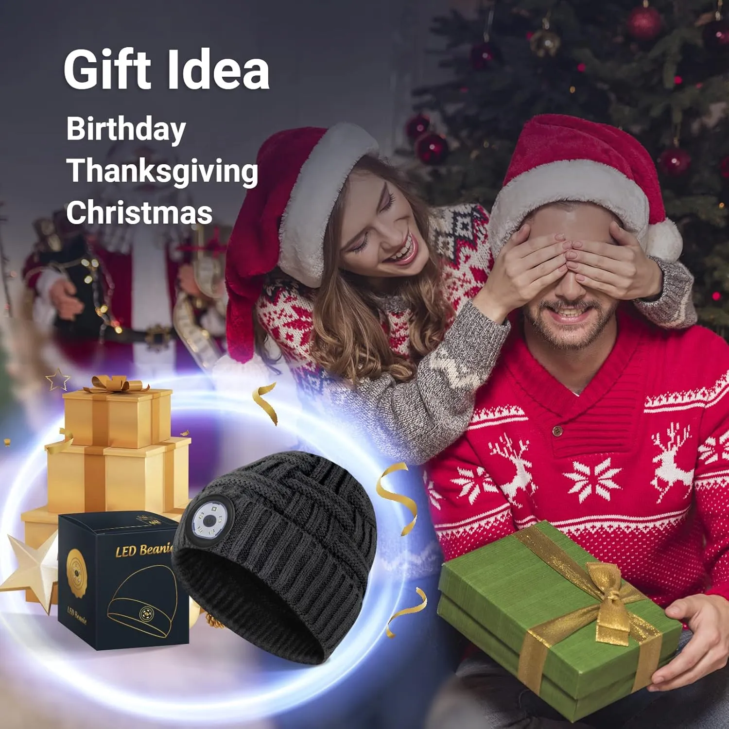 HIGHEVER LED Beanie Hat with Light Stocking Stuffers for Men Christmas Birthday Gifts Winter Cap Headlamp for Camping Fishing