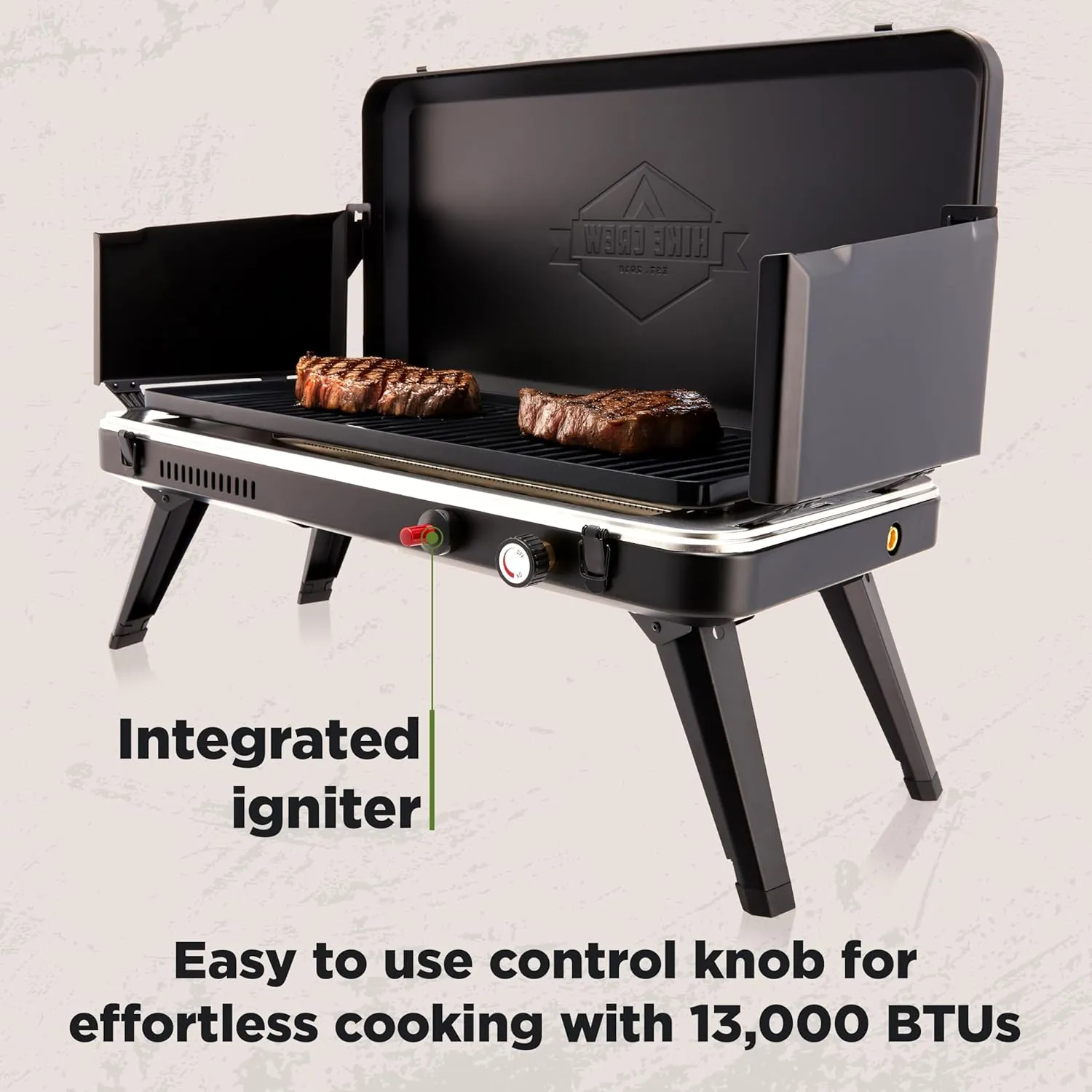 Hike Crew Gas Camping Grill | 13,000 BTU | Portable Propane Burner | Foldable Legs | Integrated Igniter & Included Regulator w/Stainless Steel Drip Tray | Wind Panels & Built-in Carrying Handle