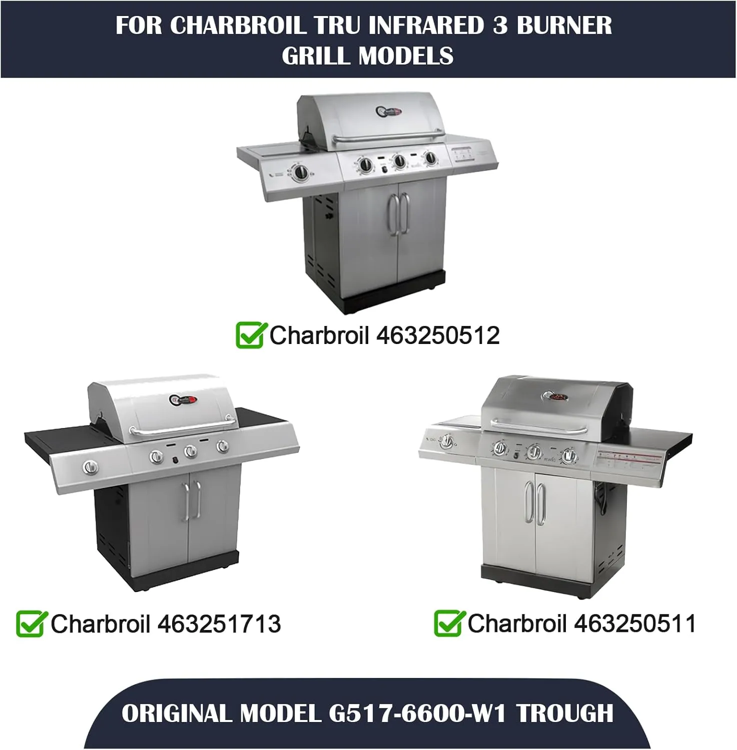 Hiorucet Grill Replacement Parts for Charbroil Tru-Infrared 3 Burner 463250512, 463251713, 463250511, 466250511, Stainless Steel G517-6600-W1 Trough, Grill Grates, Burner, Igniter and Carryover Tubes.