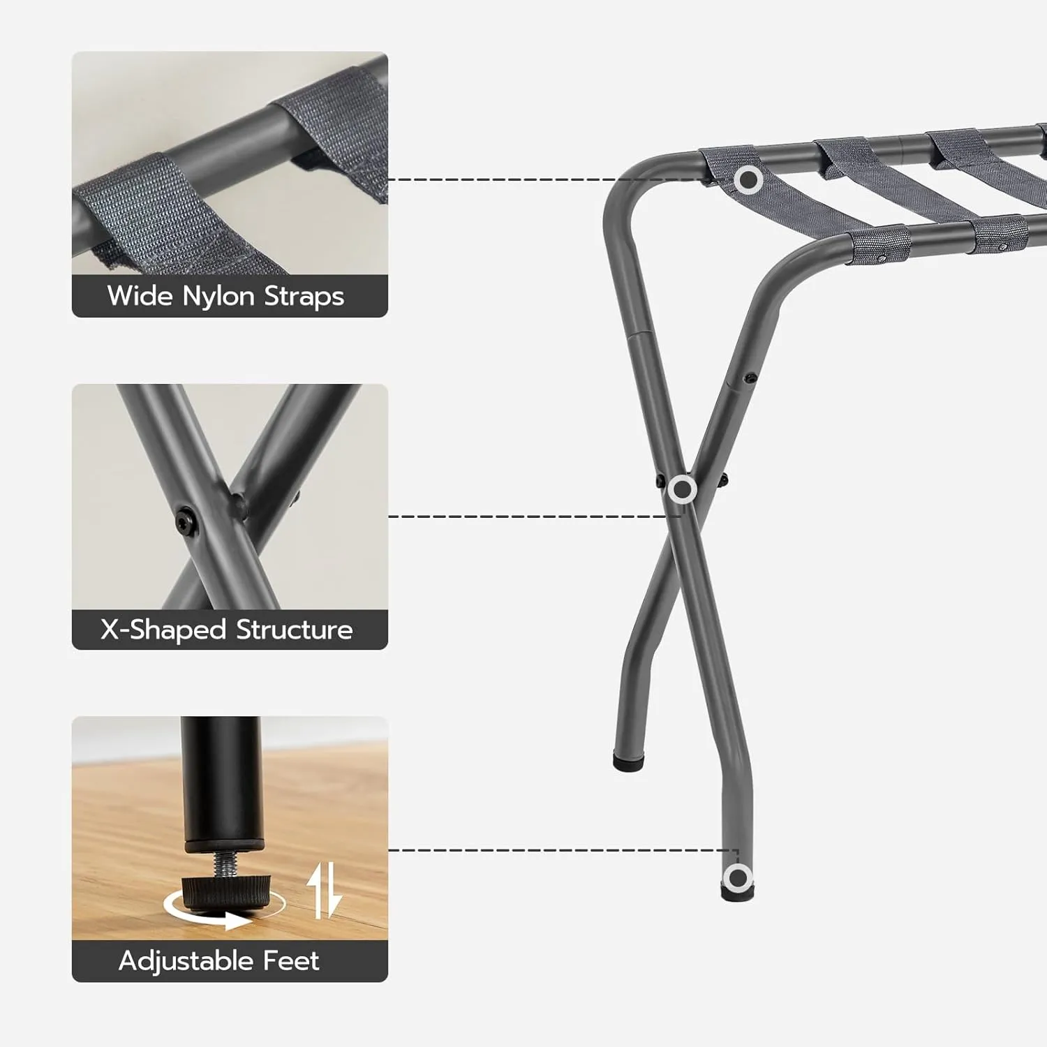 HOOBRO Luggage Rack, Pack of 2, Metal Foldable Suitcase Stand for Guest Room, Holds up to 100 lb, 27 x 15.3 x 22 Inches, Steel Frame, Nylon Straps, Hotel, Bedroom, Closet, Gray GY02XLP201