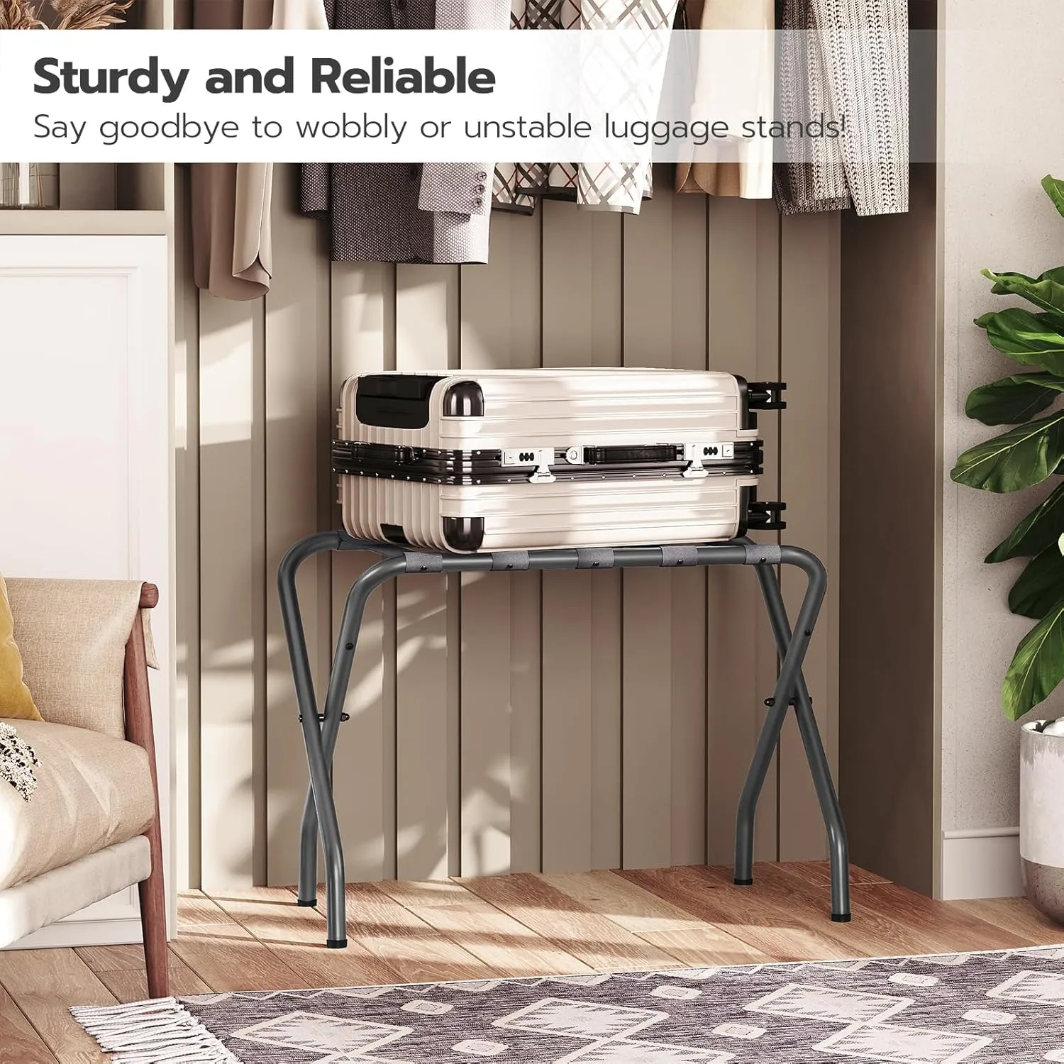 HOOBRO Luggage Rack, Pack of 2, Metal Foldable Suitcase Stand for Guest Room, Holds up to 100 lb, 27 x 15.3 x 22 Inches, Steel Frame, Nylon Straps, Hotel, Bedroom, Closet, Gray GY02XLP201