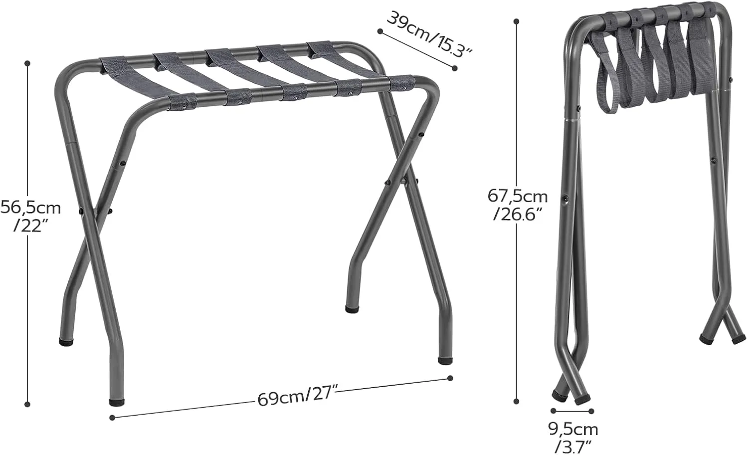 HOOBRO Luggage Rack, Pack of 2, Metal Foldable Suitcase Stand for Guest Room, Holds up to 100 lb, 27 x 15.3 x 22 Inches, Steel Frame, Nylon Straps, Hotel, Bedroom, Closet, Gray GY02XLP201