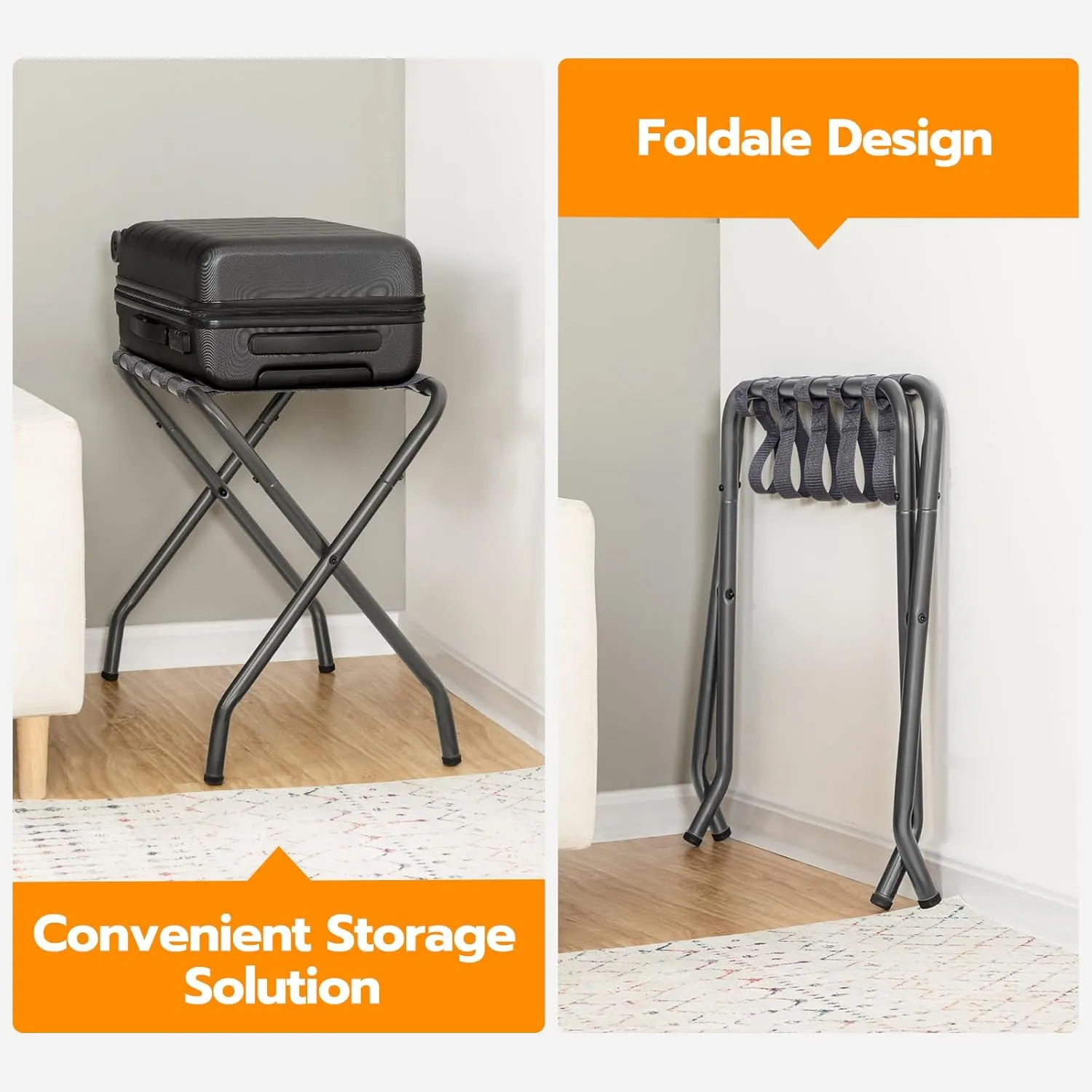 HOOBRO Luggage Rack, Pack of 2, Metal Foldable Suitcase Stand for Guest Room, Holds up to 100 lb, 27 x 15.3 x 22 Inches, Steel Frame, Nylon Straps, Hotel, Bedroom, Closet, Gray GY02XLP201