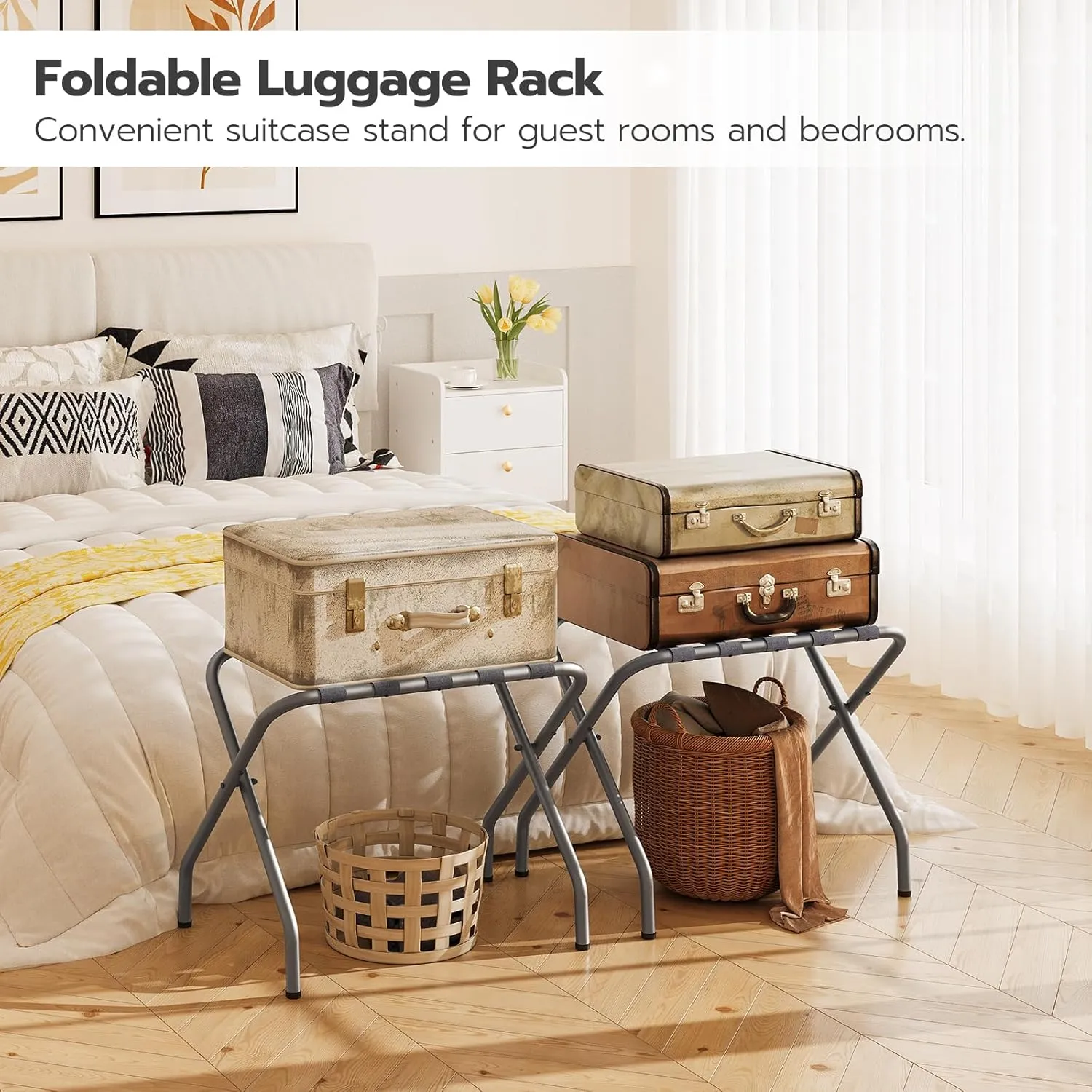 HOOBRO Luggage Rack, Pack of 2, Metal Foldable Suitcase Stand for Guest Room, Holds up to 100 lb, 27 x 15.3 x 22 Inches, Steel Frame, Nylon Straps, Hotel, Bedroom, Closet, Gray GY02XLP201