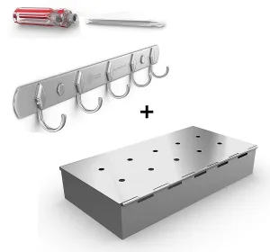 Hook Rack for BBQ Utensils   Smoker Box for Grill Wood Chips - 25% THICKER STAINLESS STEEL WON'T WARP - Coal or Gas Barbecue Meat Smoking with Hinged Lid - Best Grilling Accessories Gift for Dad