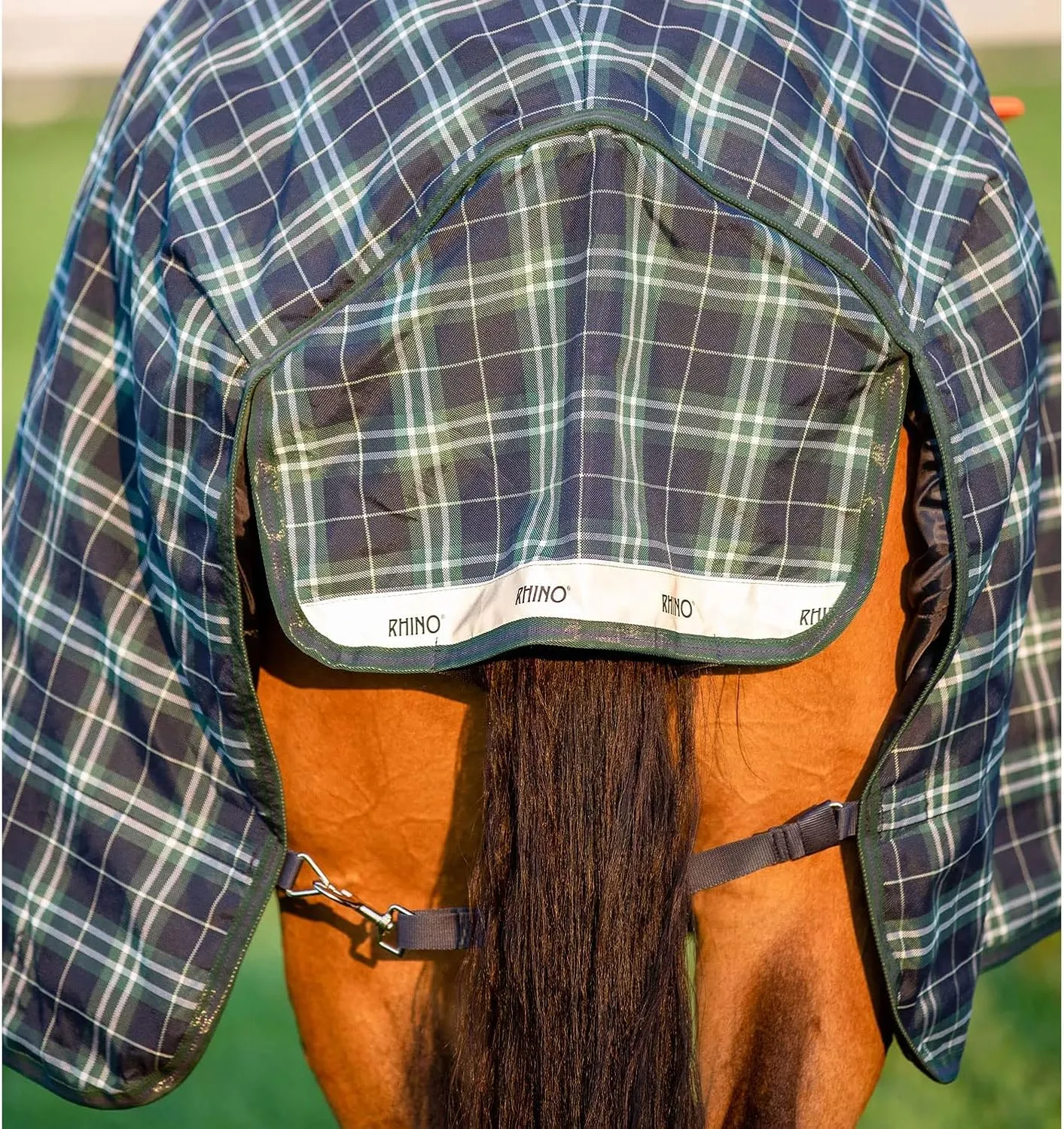 HORSEWARE Ireland Rhino Wug Lite Durable Waterproof Breathable Horse Turnout Blanket - 100g Fill - Hunter Check/Green & Navy, 81