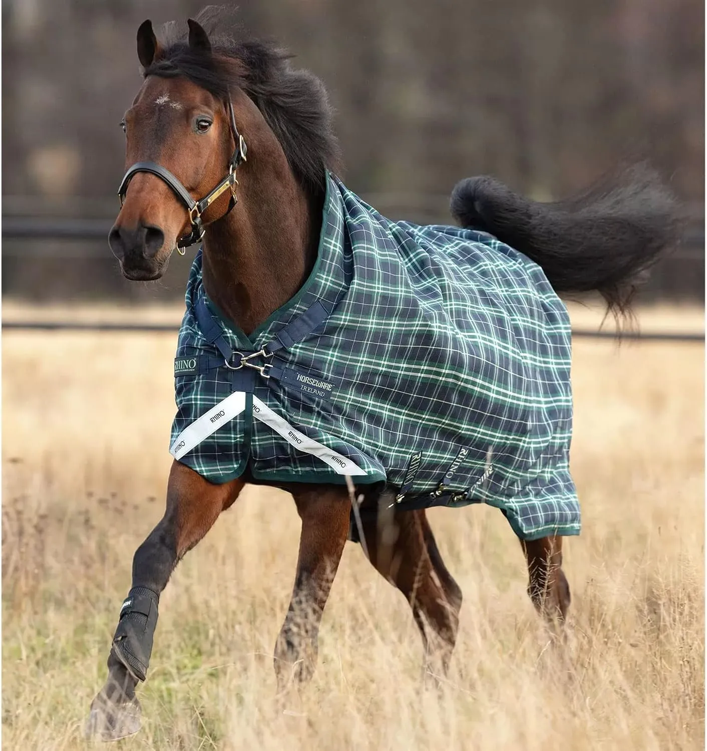 HORSEWARE Ireland Rhino Wug Lite Durable Waterproof Breathable Horse Turnout Blanket - 100g Fill - Hunter Check/Green & Navy, 81
