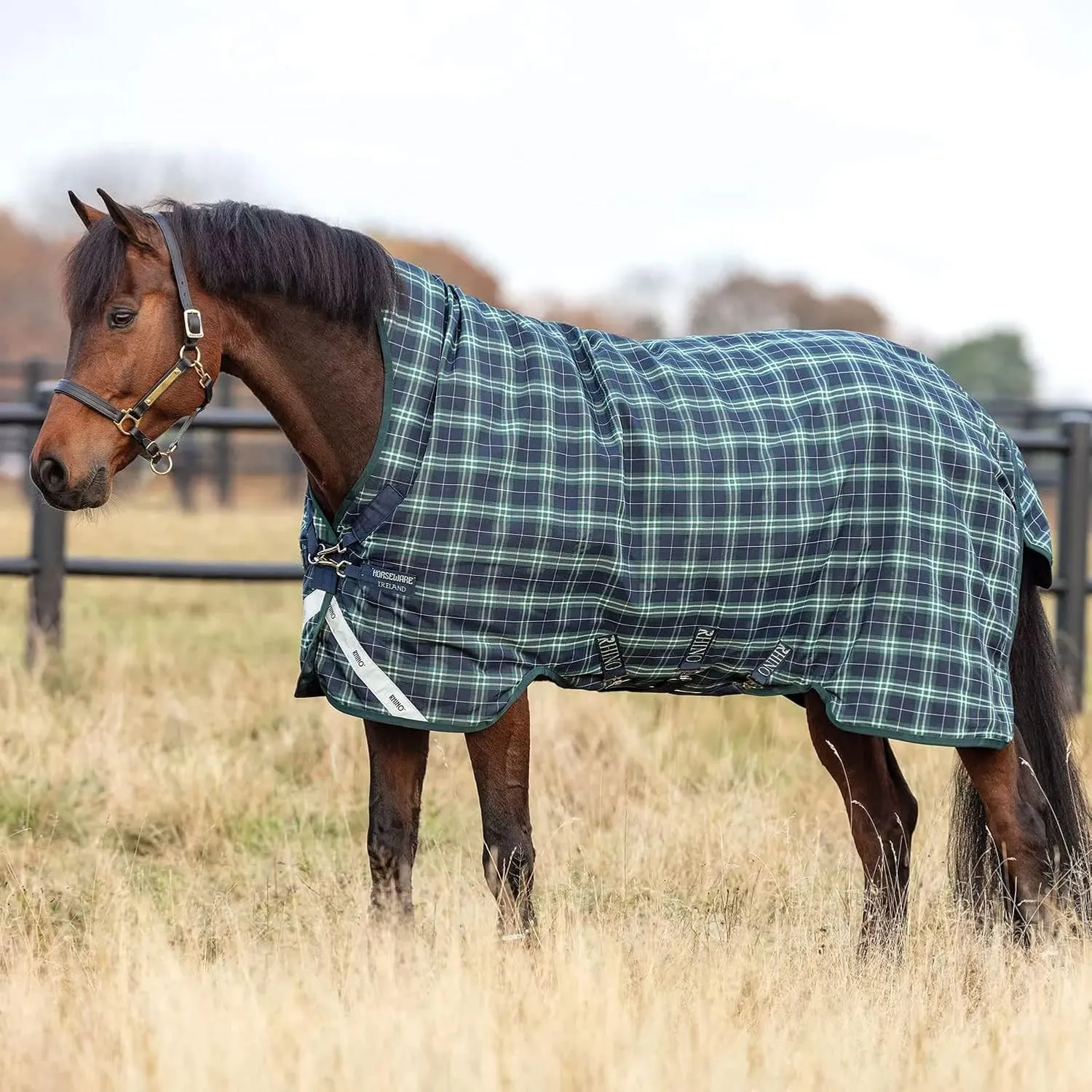 HORSEWARE Ireland Rhino Wug Lite Durable Waterproof Breathable Horse Turnout Blanket - 100g Fill - Hunter Check/Green & Navy, 81