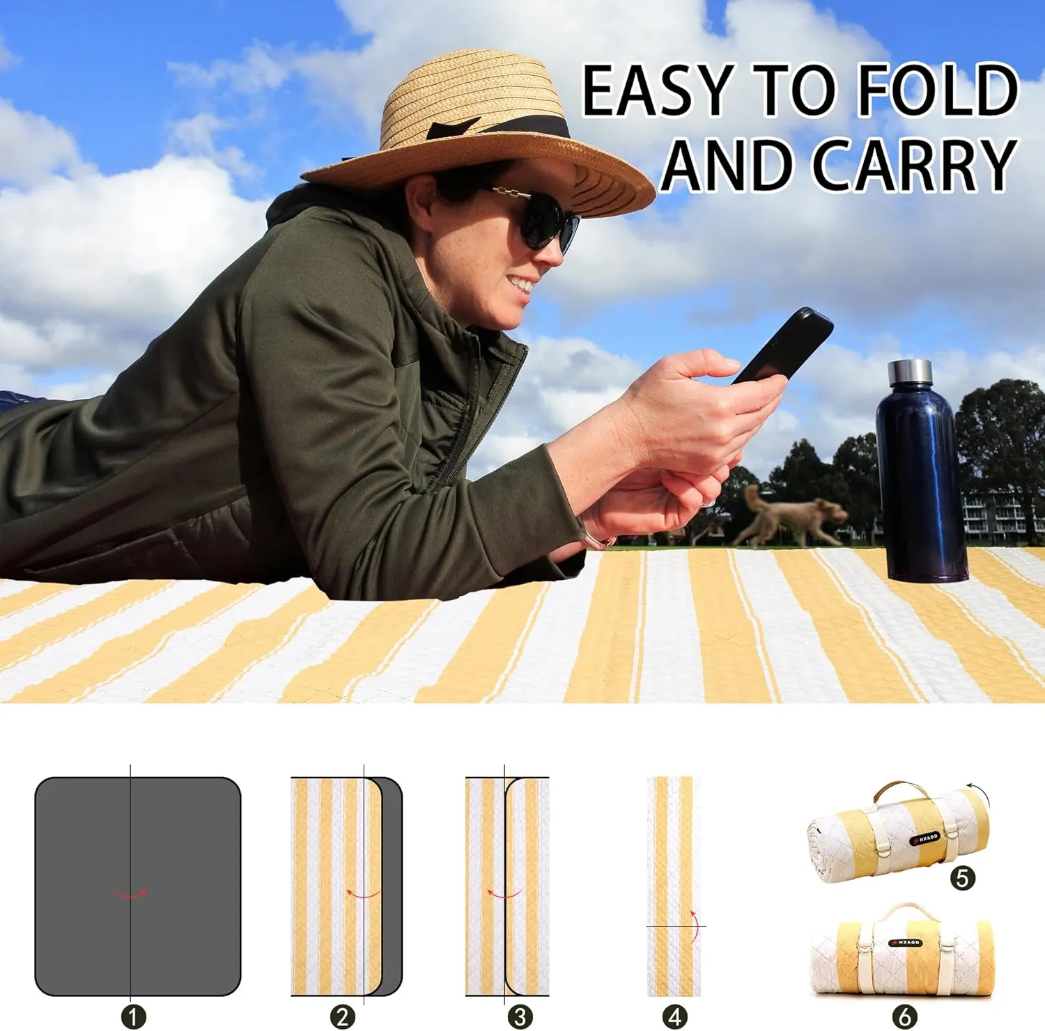 HX&OD Extra Large Picnic Outdoor Blanket, 80”x60” Waterproof Picnic Mat Foldable Camping Blanket Portable with Carry Strap for Beach Mat Outdoor Camping Party(Yellow)