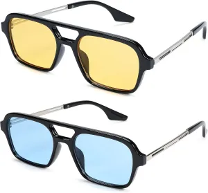 Hycredi Retro 70s Flat Aviator Sunglasses Trendy Vintage Square Glasses for Women Men Metal Design Shades UV Protection