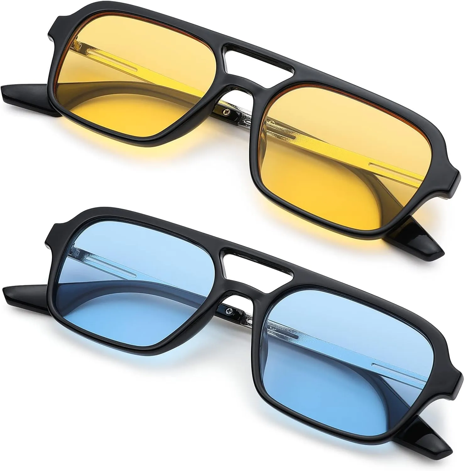Hycredi Retro 70s Flat Aviator Sunglasses Trendy Vintage Square Glasses for Women Men Metal Design Shades UV Protection