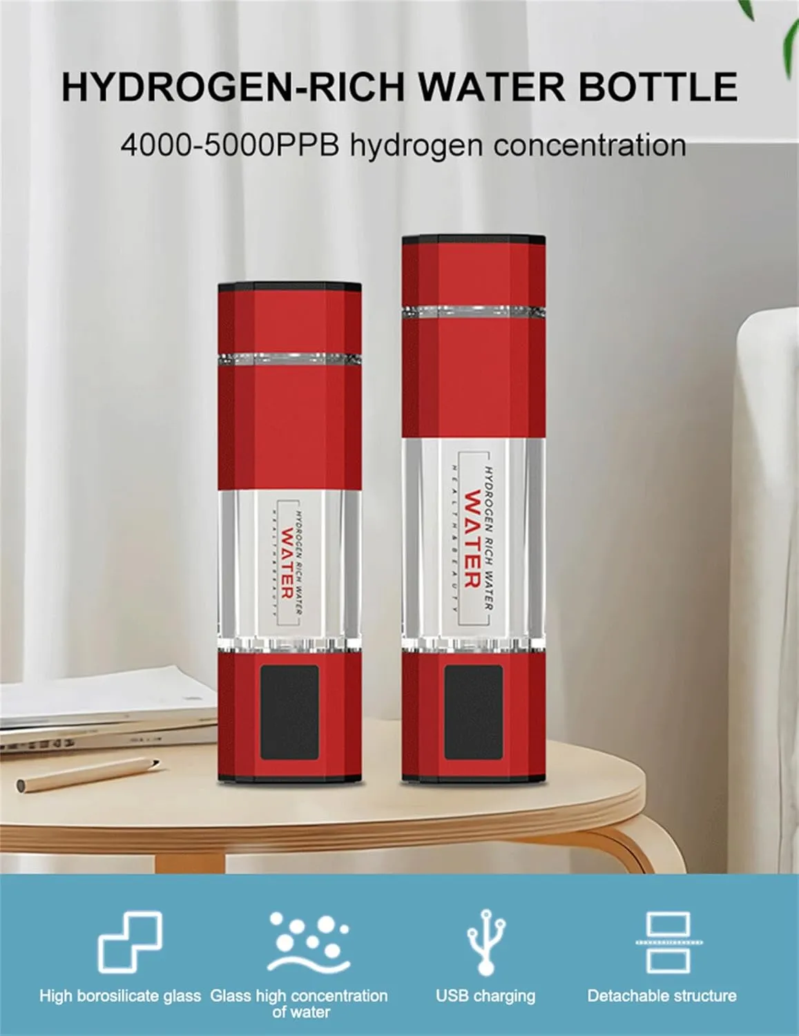 Hydrogen Water Bottle Generator, SPE/PEM Technology, Generates Real 5000ppb Pure Hydrogen Rich Concentration Ionizer, for Travel, Exercise, Gift for Love