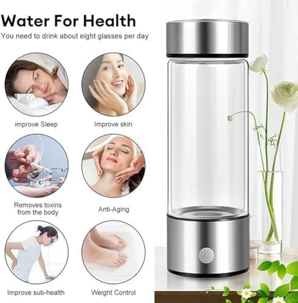 Hydrogen Water Bottle, Portable Hydrogen Water Ionizer Machine, Hydrogen Water Generator with PEM SPE Technology Rechargeable Hydrogen Rich Water Glass Cup for Home Office(Silver,1PCS)