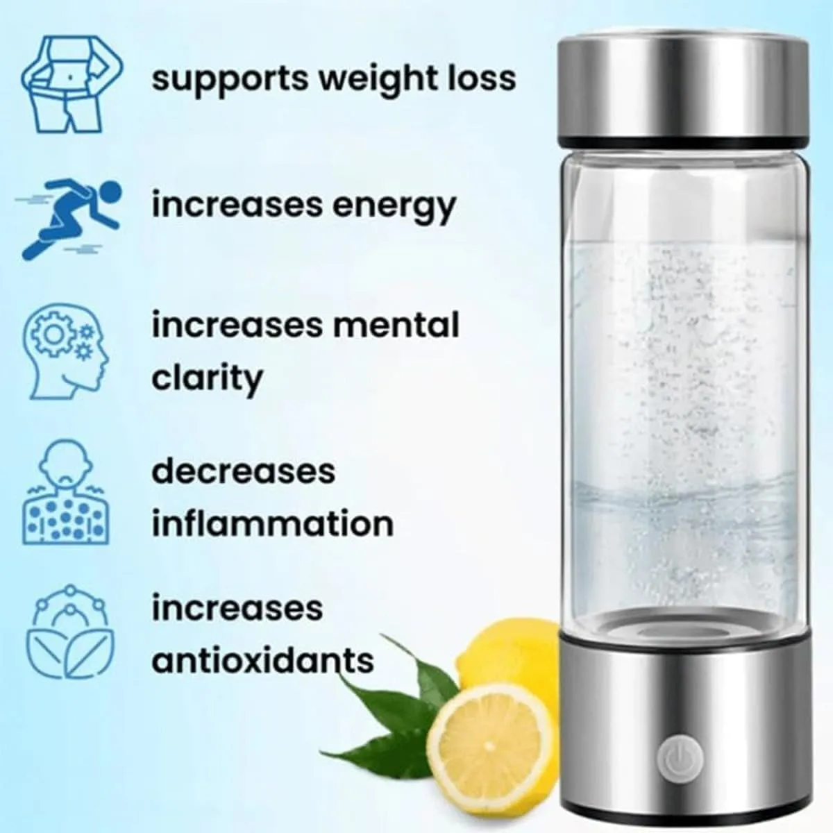 Hydrogen Water Bottle, Portable Hydrogen Water Ionizer Machine, Hydrogen Water Generator with PEM SPE Technology Rechargeable Hydrogen Rich Water Glass Cup for Home Office(Silver,1PCS)