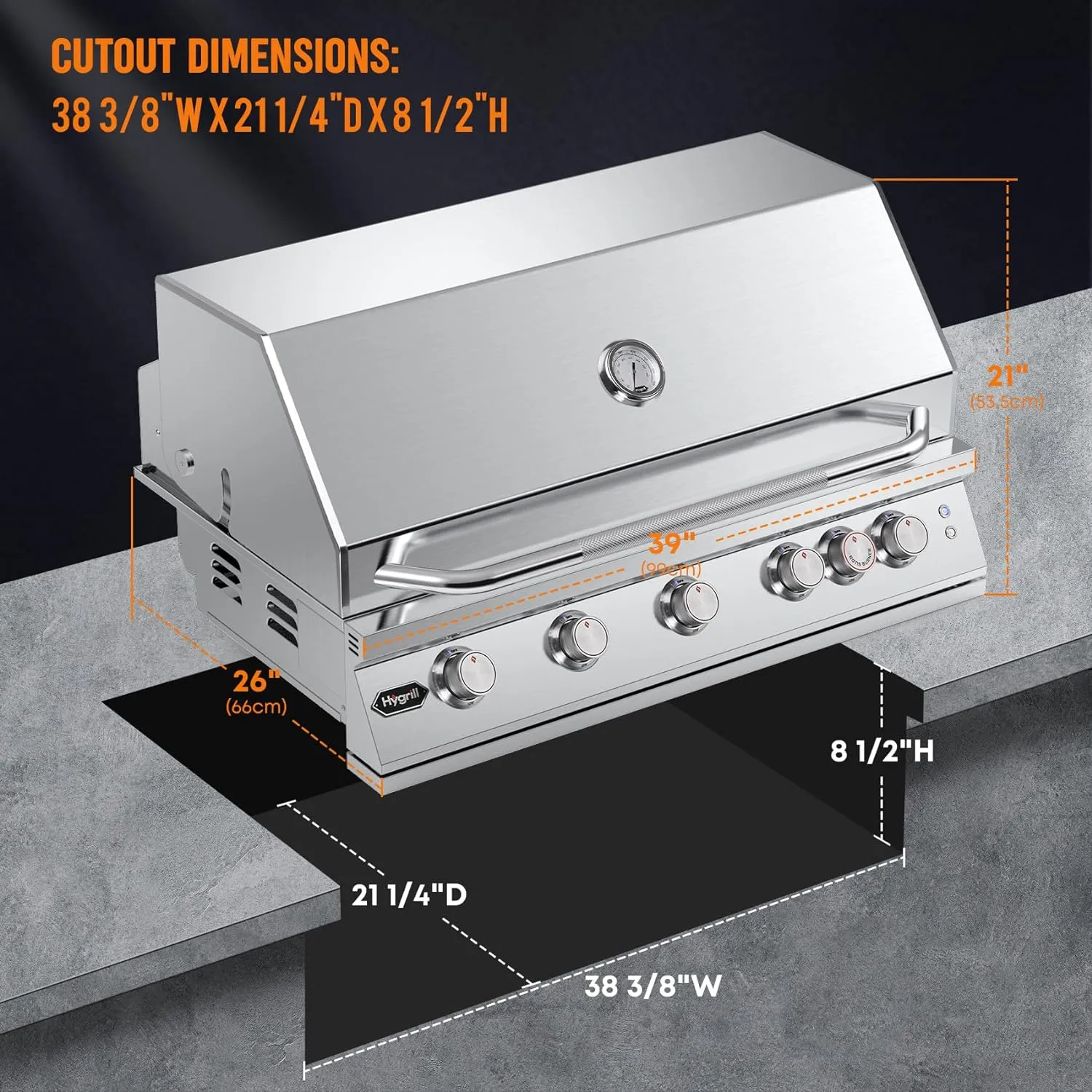 Hygrill Premium XTR 40-Inch Built In Grill, Stainless Steel 5-Burner Grill Head for Outdoor Kitchen with Rear Infrared Burner and LED Lights, Liquid Propane