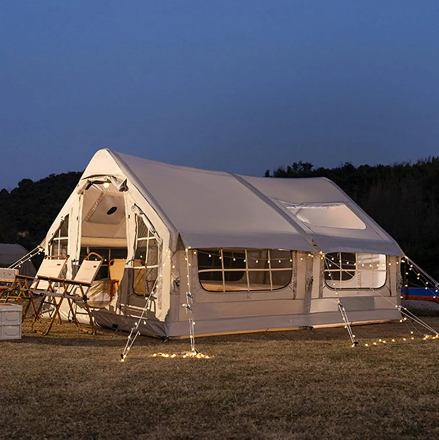 Inflatable Tent with Pump, 6-8 Person Camping Blow Up Tent with Stove Jack, 4 Season Waterproof Windproof Large Air Tent, Outdoor Family Inflatable Tent House