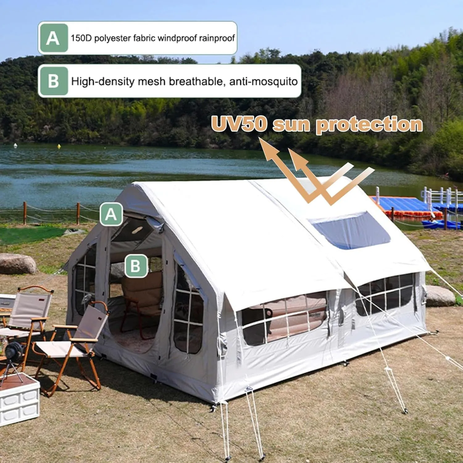 Inflatable Tent with Pump, 6-8 Person Camping Blow Up Tent with Stove Jack, 4 Season Waterproof Windproof Large Air Tent, Outdoor Family Inflatable Tent House