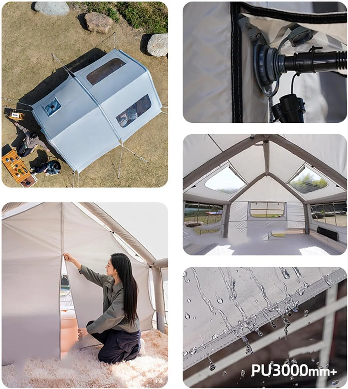 Inflatable Tent with Pump, 6-8 Person Camping Blow Up Tent with Stove Jack, 4 Season Waterproof Windproof Large Air Tent, Outdoor Family Inflatable Tent House