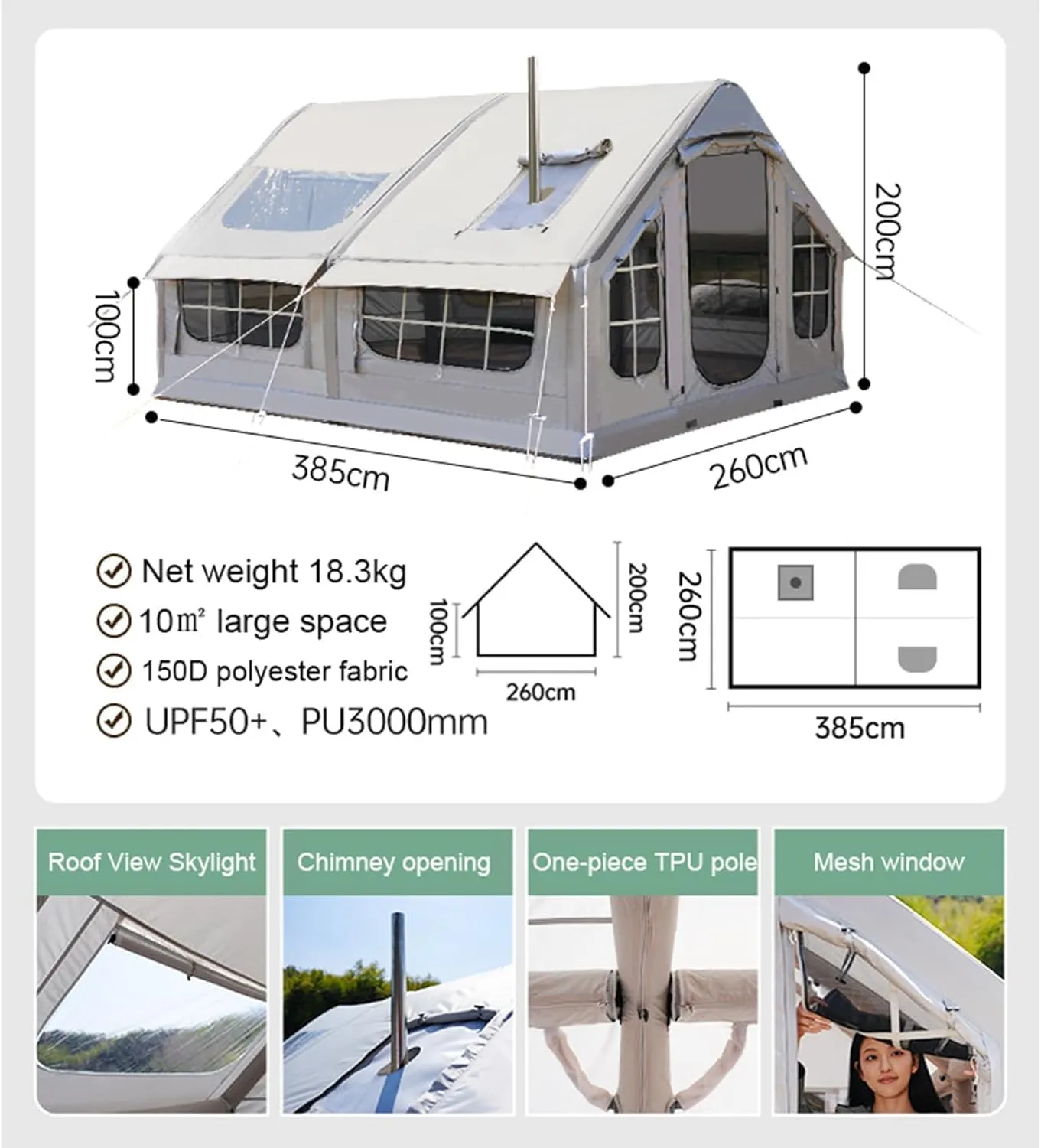 Inflatable Tent with Pump, 6-8 Person Camping Blow Up Tent with Stove Jack, 4 Season Waterproof Windproof Large Air Tent, Outdoor Family Inflatable Tent House