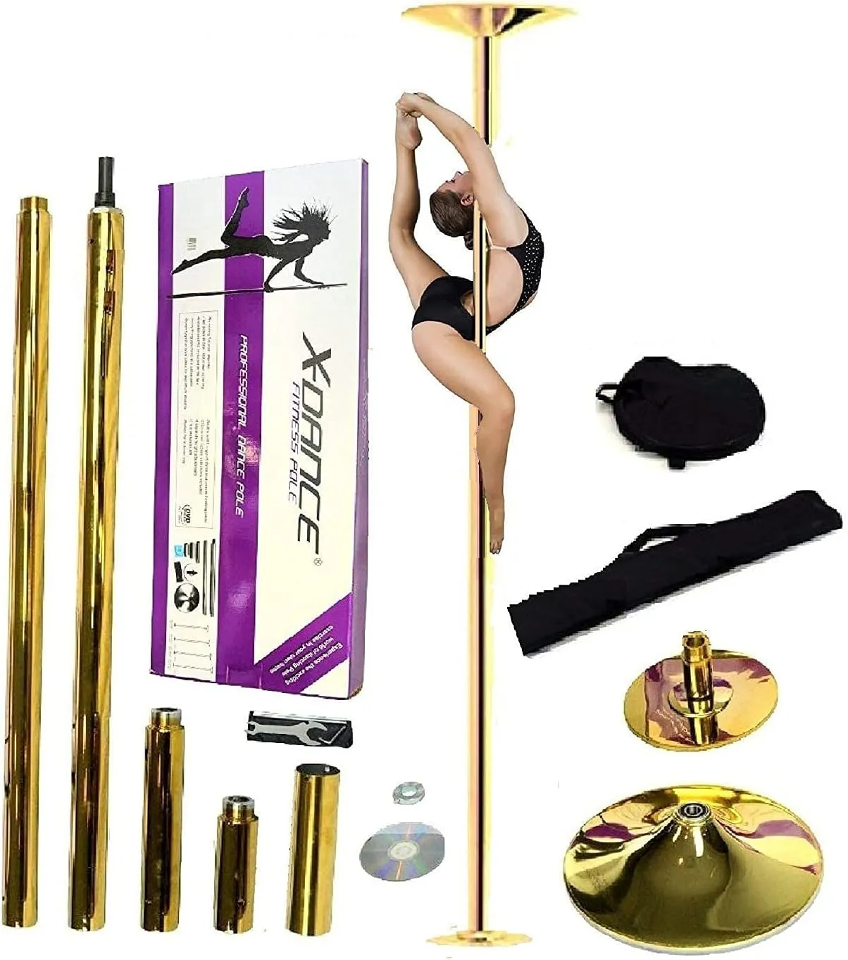 Iron Bar X-Dance™ 9 FT Professional Stripper Pole Dance Pole Spinning Static Gold Dance Pole, Portable Fitness Exercise Exotic Strip and Spin Dance Pole Kit for Exercise Club Party and Home   Bag